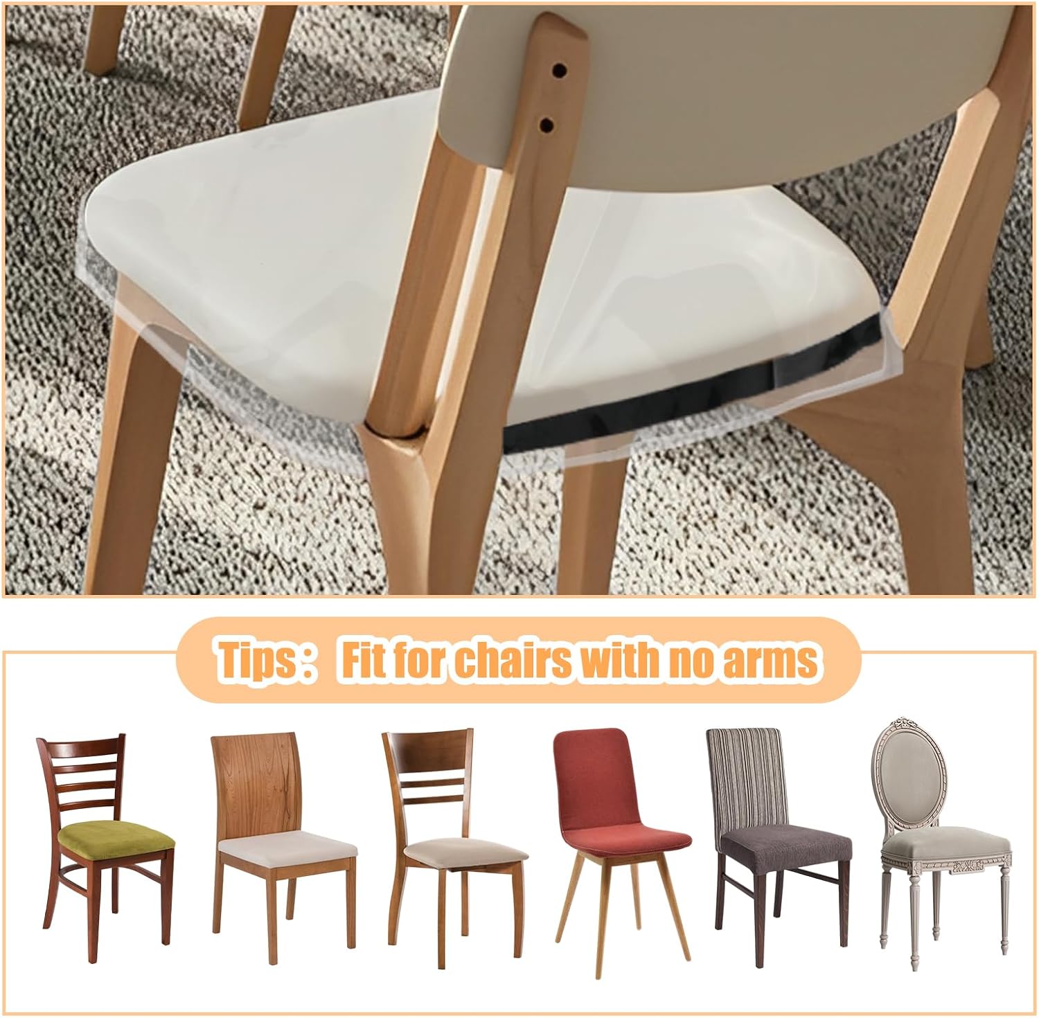 CEYAZYE 8PCS Plastic Chair Seat Covers for Dining Chairs, Clear Protector Stain Scratch Resistant PVC Waterproof Slipcovers, 18"L x 17"W x 4"H Adjustable Belt Strap Cushion Cover for Standard Chair