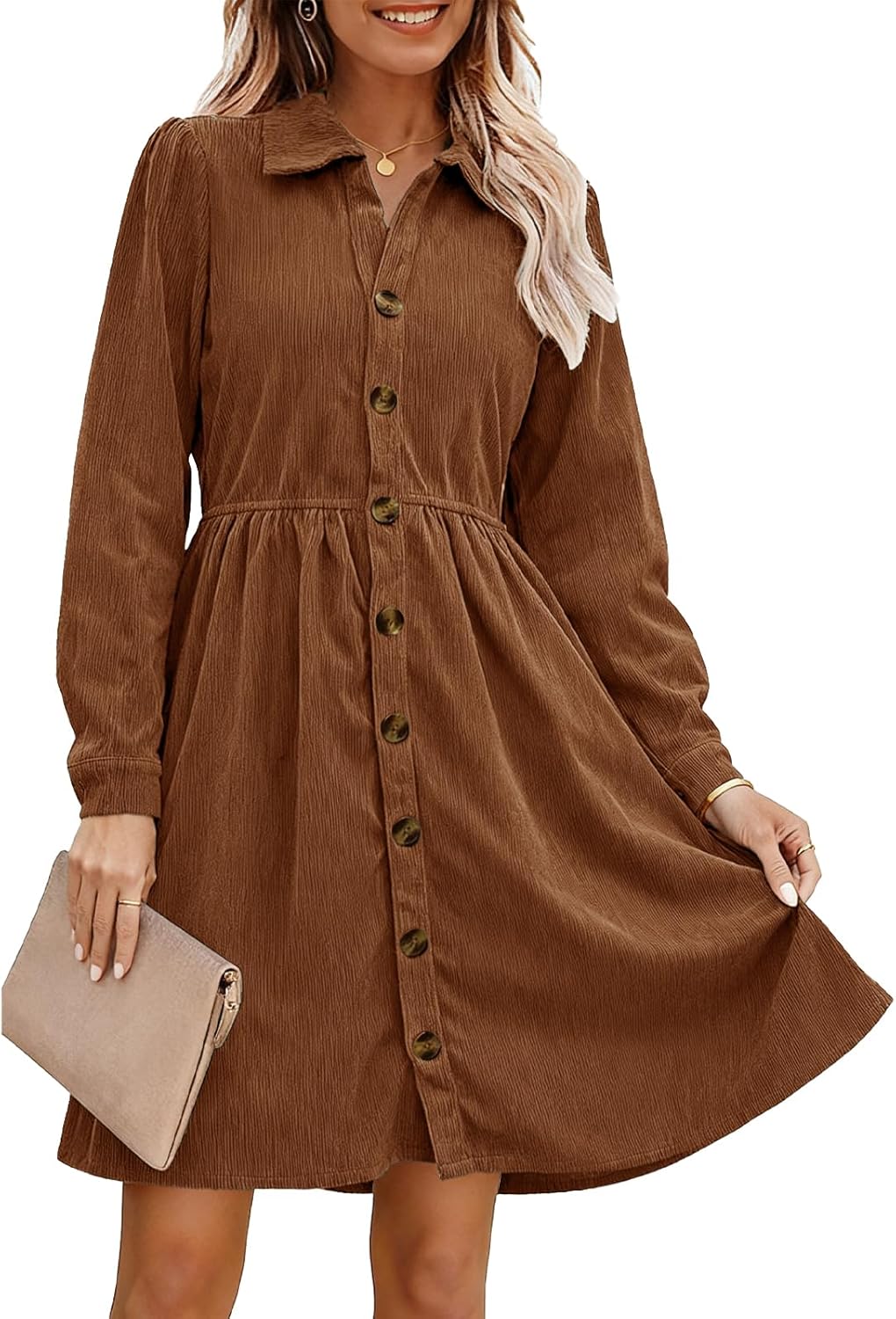 Alaster Queen Women's Corduroy Dresses Fall Long Sleeve Shirt Button Down Back Tiered Short Work Dress with Pocket
