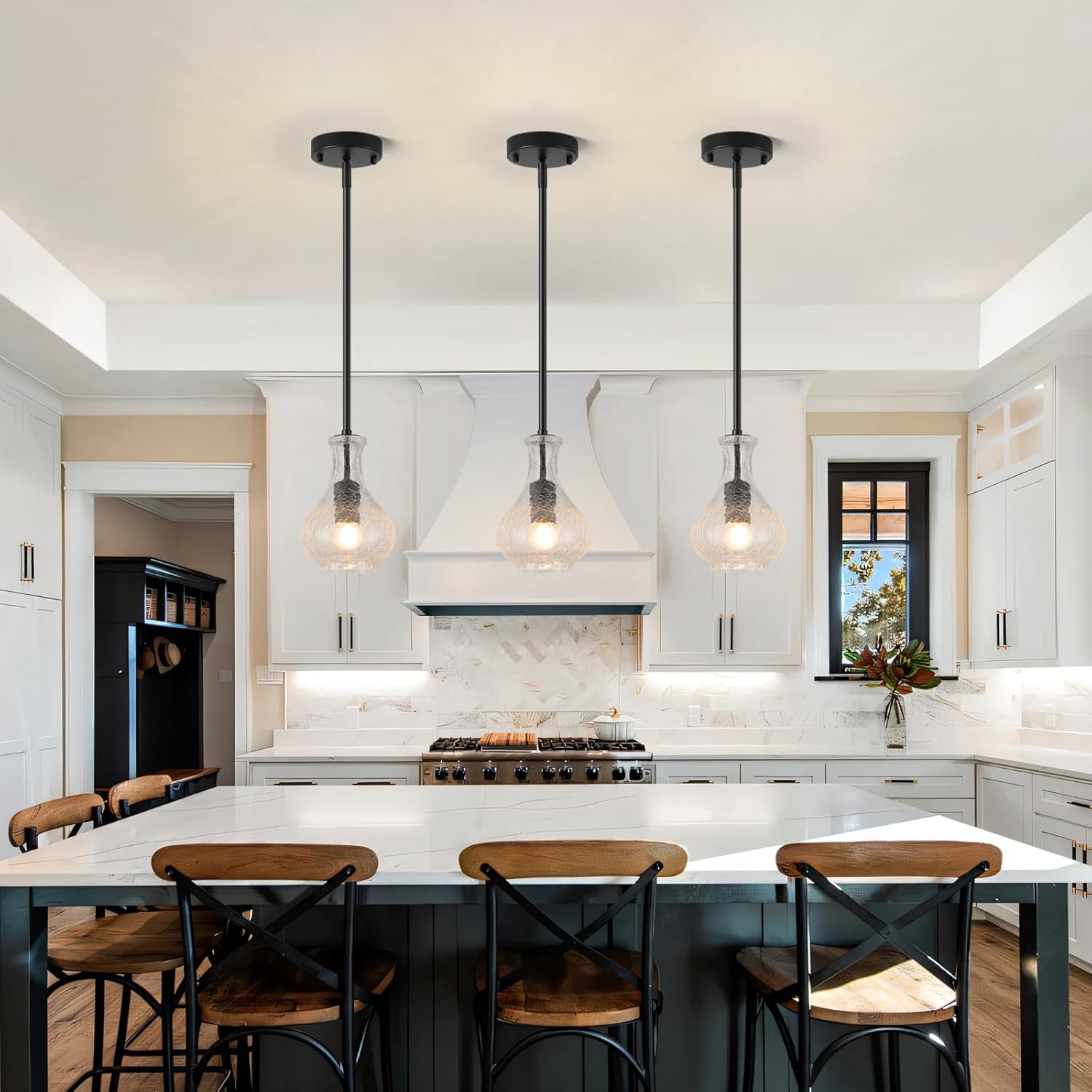 Black Pendant Lights Kitchen Island 2 Pack, 5.9" Unique Crackle Glass Pendant Light Fixtures with Adjustable Rods, Modern Single Hanging Lighting for Kitchen Island, Sink, Bathroom, E26 Base