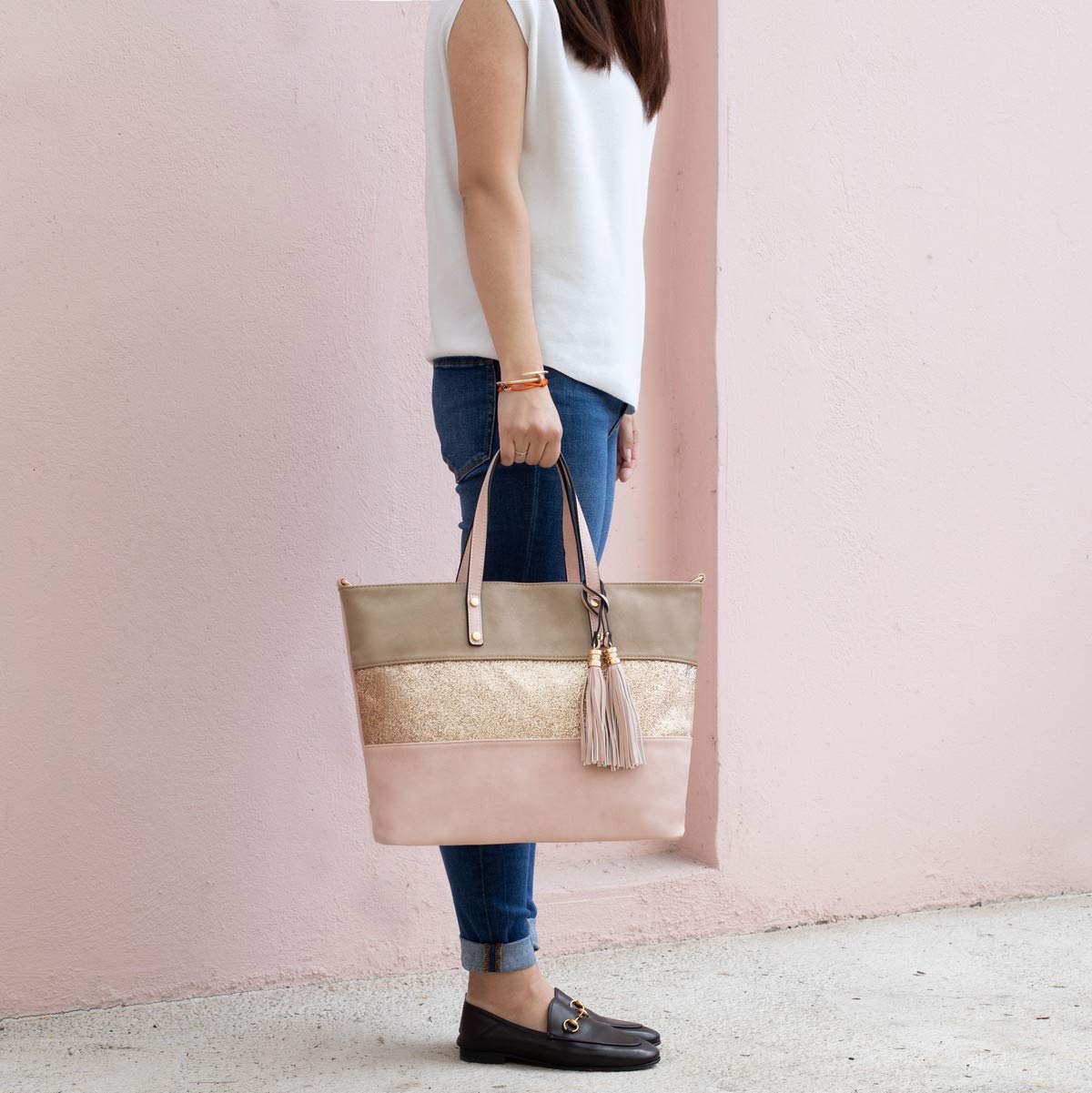 CRAZYCHIC - Damen Streifen Pailletten Handtasche - Tote Shopper Weiches PU Leder - Schultertasche Umhängetasche - Casual Multicolor Gestreift Große Kapazität - Arbeit Schule Strand Shopping - Rosa