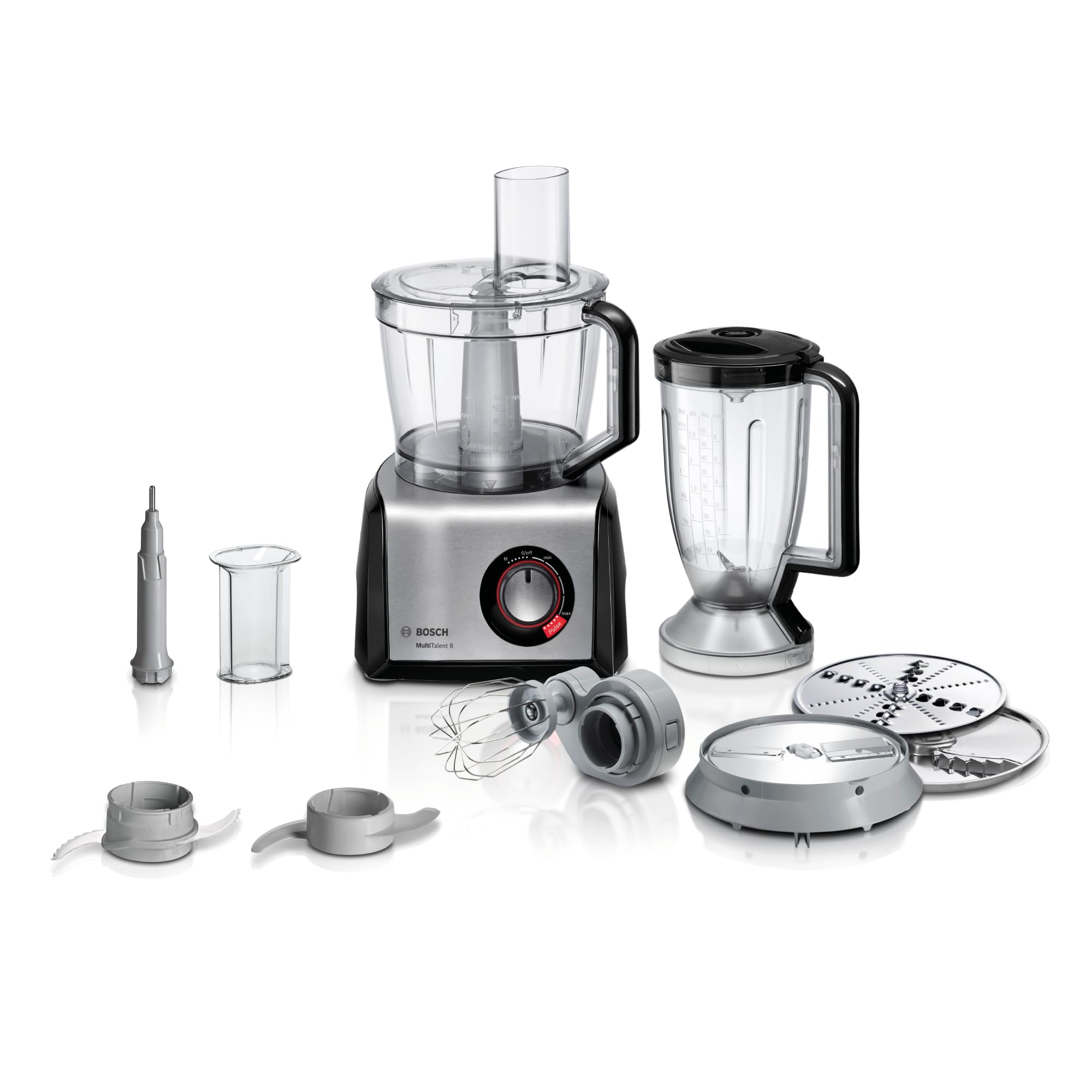 Bosch Kompakt-Küchenmaschine MultiTalent 8 MC812M814, vielseitig, XXL-Rührschüssel 3,9 L, Mixer 1,5 L, Universalmesser, Rührbesen, schneiden und raspeln (fein/grob), 1250 Watt, schwarz/edelstahl