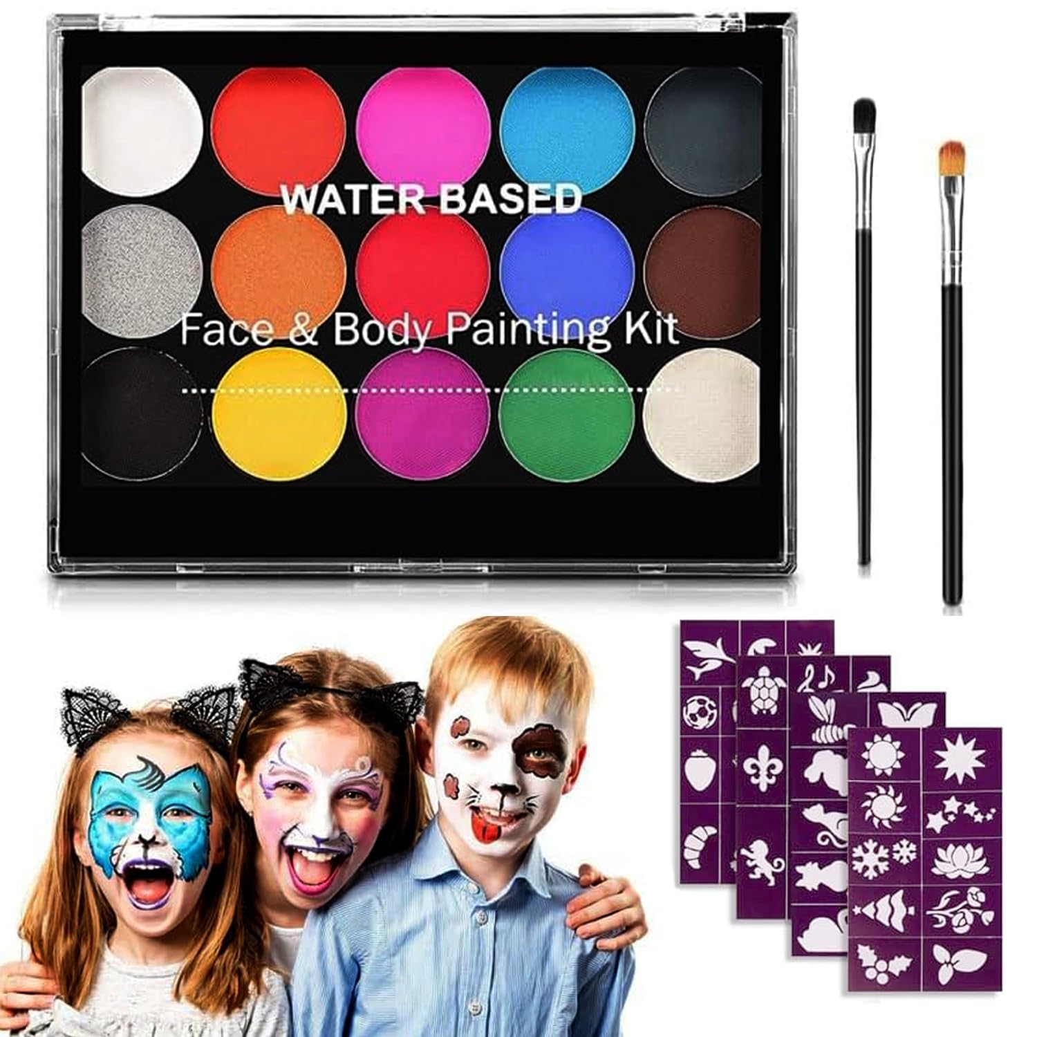 AMERTEER Face Paint Kit for Kids & Adults, 15 Safe, Non-Toxic, Washable Colors, Professional Palette for Halloween, Party, Holiday Makeup & Body Painting, Includes 2 Brushes