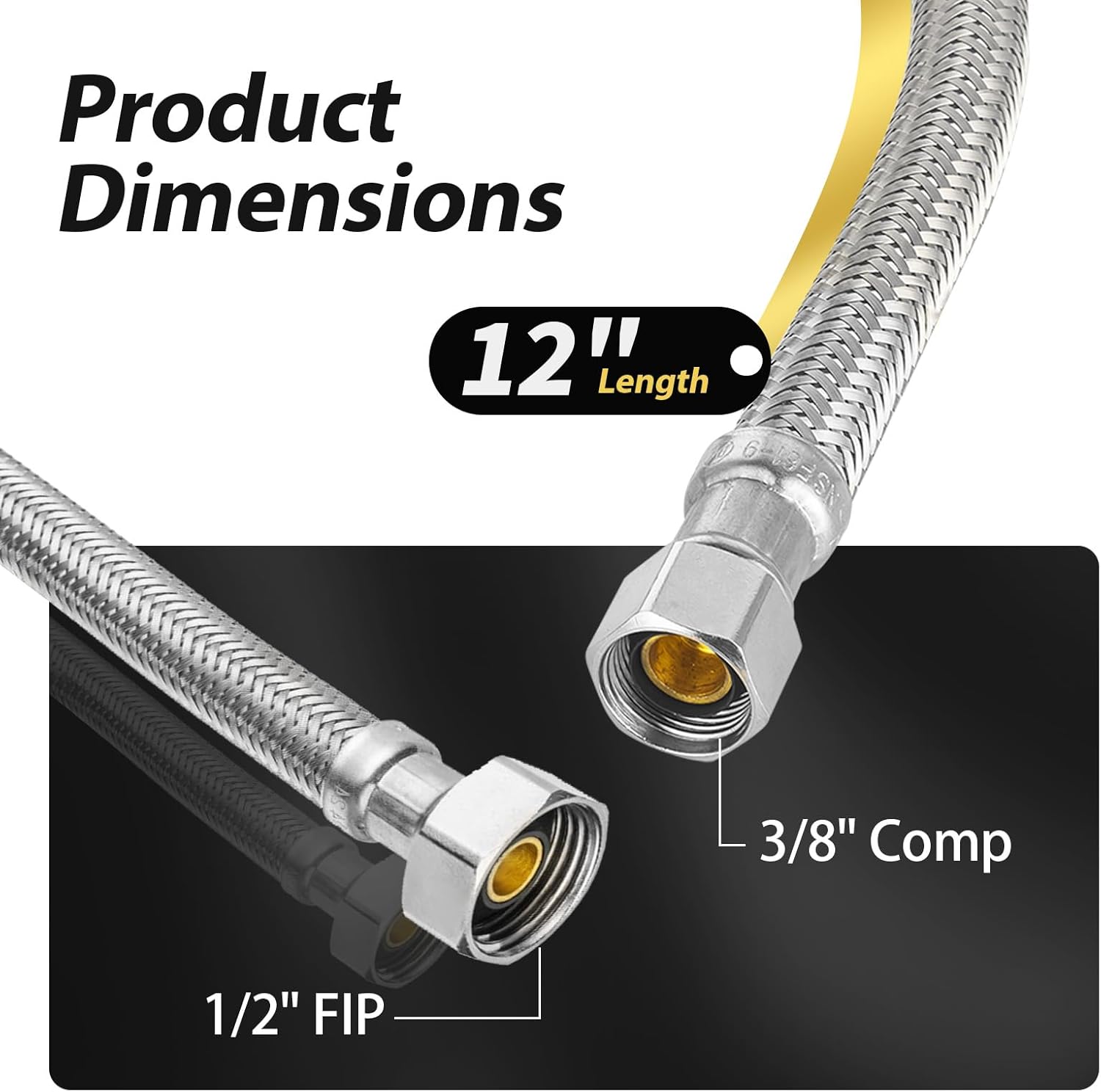 Pack of 50 Foskan 12” Braided Faucet Supply Lines,3/8" COMP x 1/2" FIP Water Connection,Stainless Steel Faucet Hose,Connection to water shut-off valve（12-Inch Length）