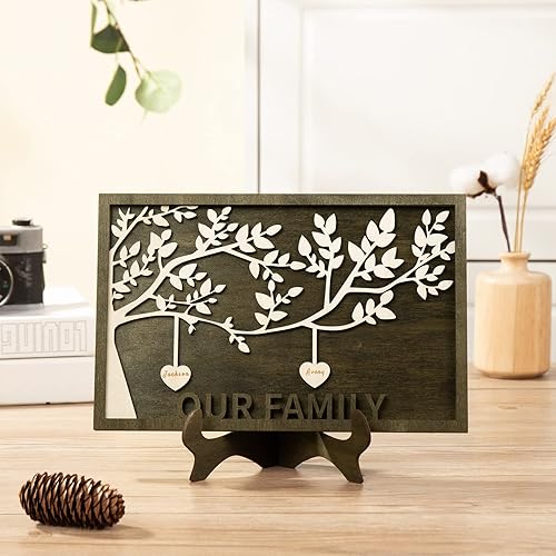 Vista 249 de Árbol genealógico con etiqueta de corazón, placas de madera grabadas personalizadas, regalos personalizados para madres, padres, escritorio, nombres