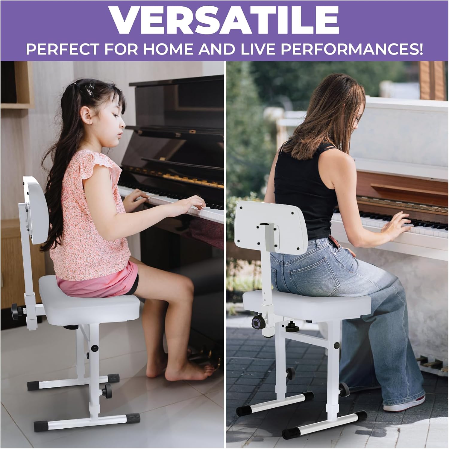 Liquid Stands White Adjustable Piano Bench with Backrest – Music Keyboard Bench Seat for Digital & Electric Pianos - Musicians Stylish Seating, Comfortable, Sturdy, Padded Cushion - Piano Stool Chair
