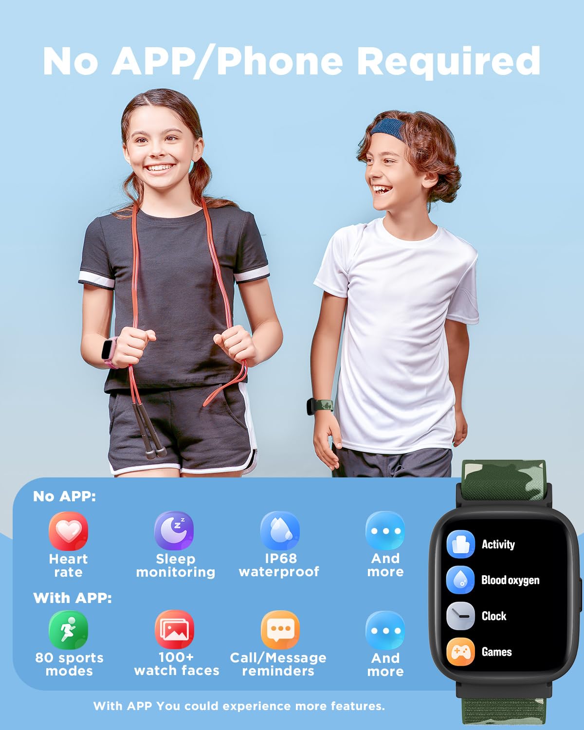 BIGGERFIVE Smartwatch dla dzieci 1,8" krokomierz monitor snu puls 24/7 alarm wibracyjny wodoszczelność IP68 puzzle z aplikacją/bez 5-16