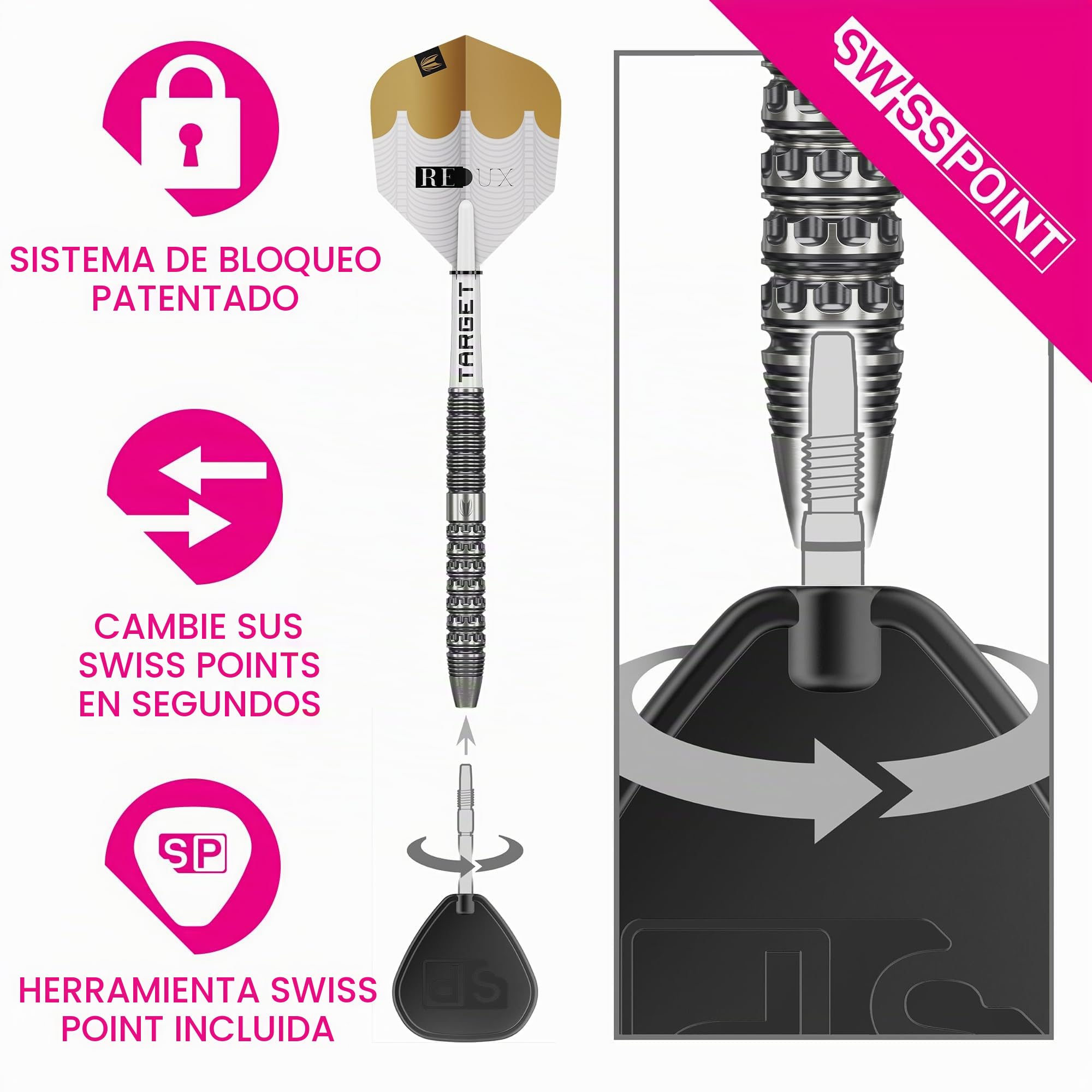 Target Darts Redux 90% Juego de Dardos con Punta de Acero Suizo de Tungsteno (Barrel 01/02/03), 22G/23G/24G/25G/26G | Pro Ultra No.6 Flights y Varillas Pro Grip Tag, Puntas DX Gold y SP Herramienta