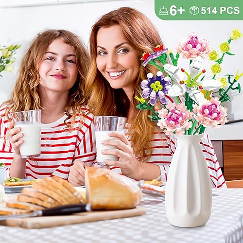 Miniatura 6 de Chodia Bloques de construcción de ramo de flores, colección botánica de clavel rosa, juegos de ladrillos, kits de juguetes creativos para el día de