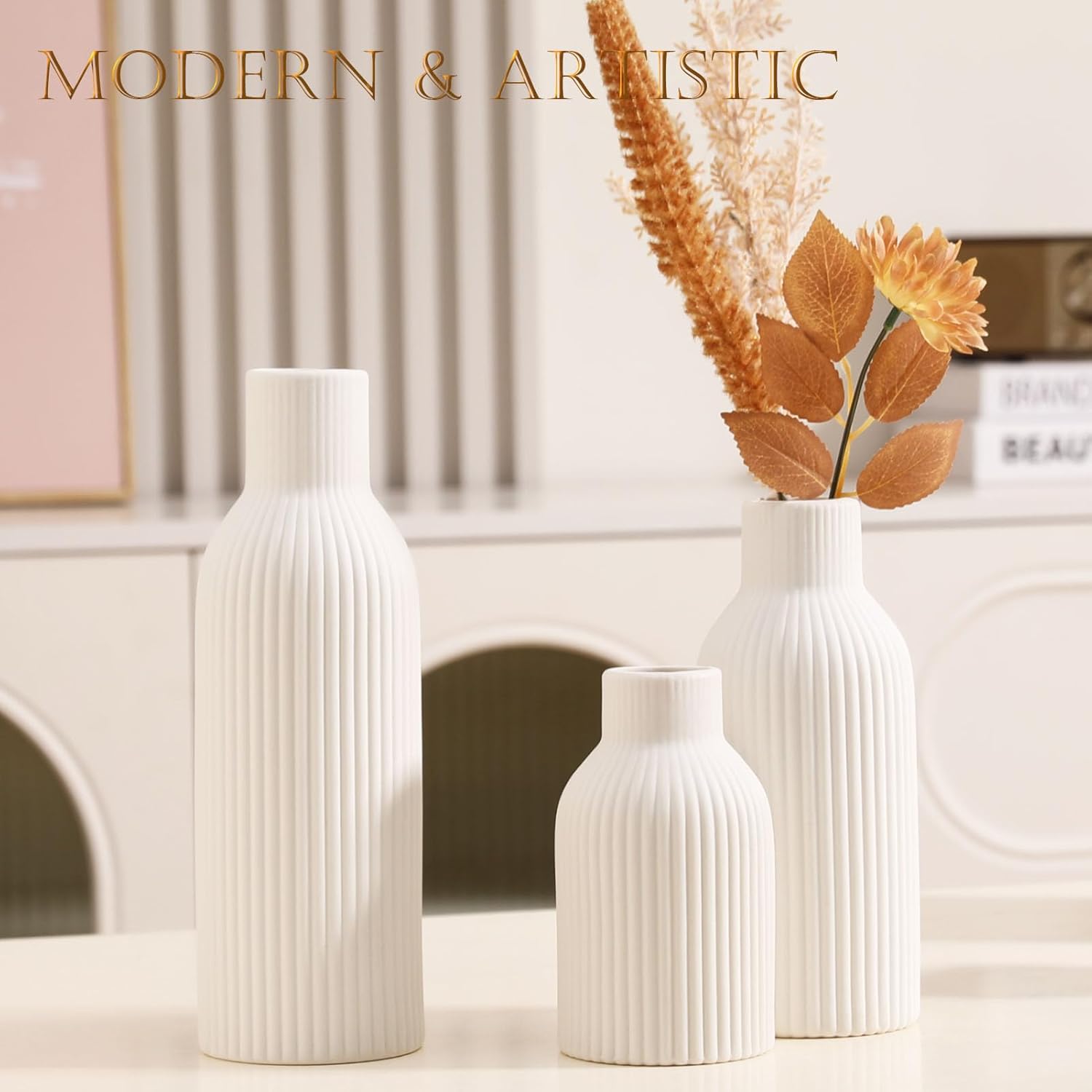 Joeabor Ceramic Vase Set of 3 - Handcrafted Ceramic Vases for Home Decor & Shelf - Modern Farmhouse Decor for Kitchen, Office, Bedroom & Living Room Decorative Objects for Mantel, Table Centerpieces