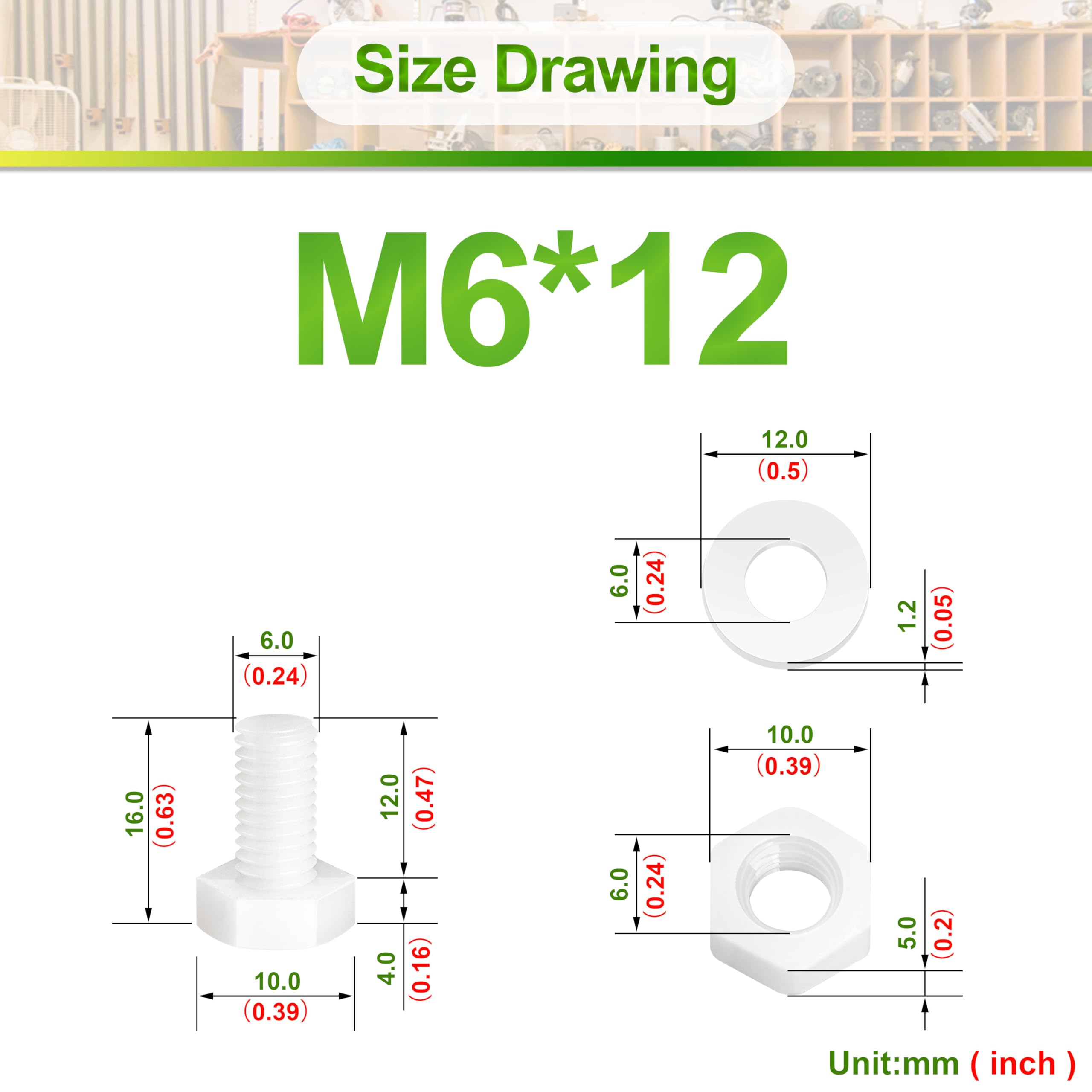 Pzsmocn 150 Pieces / 50 Sets M6 White Nylon Screws and Nuts Kit with Nylon Washers. M6 * 12 mm Plastic White Nylon Hex Screws Nylon Insulating Washers and M6 Hex Nuts Kit. - Image 4