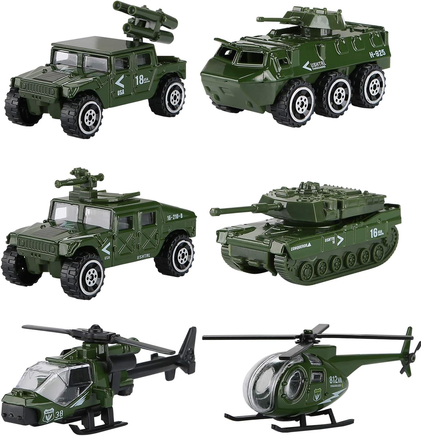 Hautton Diecast Military Toy Vehicles, 6 Pack Alloy Metal Army Toys Model Cars Playset Tank, Jeep, Panzer, Attack Helicopter, Anti-air Vehicle, Scout Helicopter for Kids Boys Toddlers