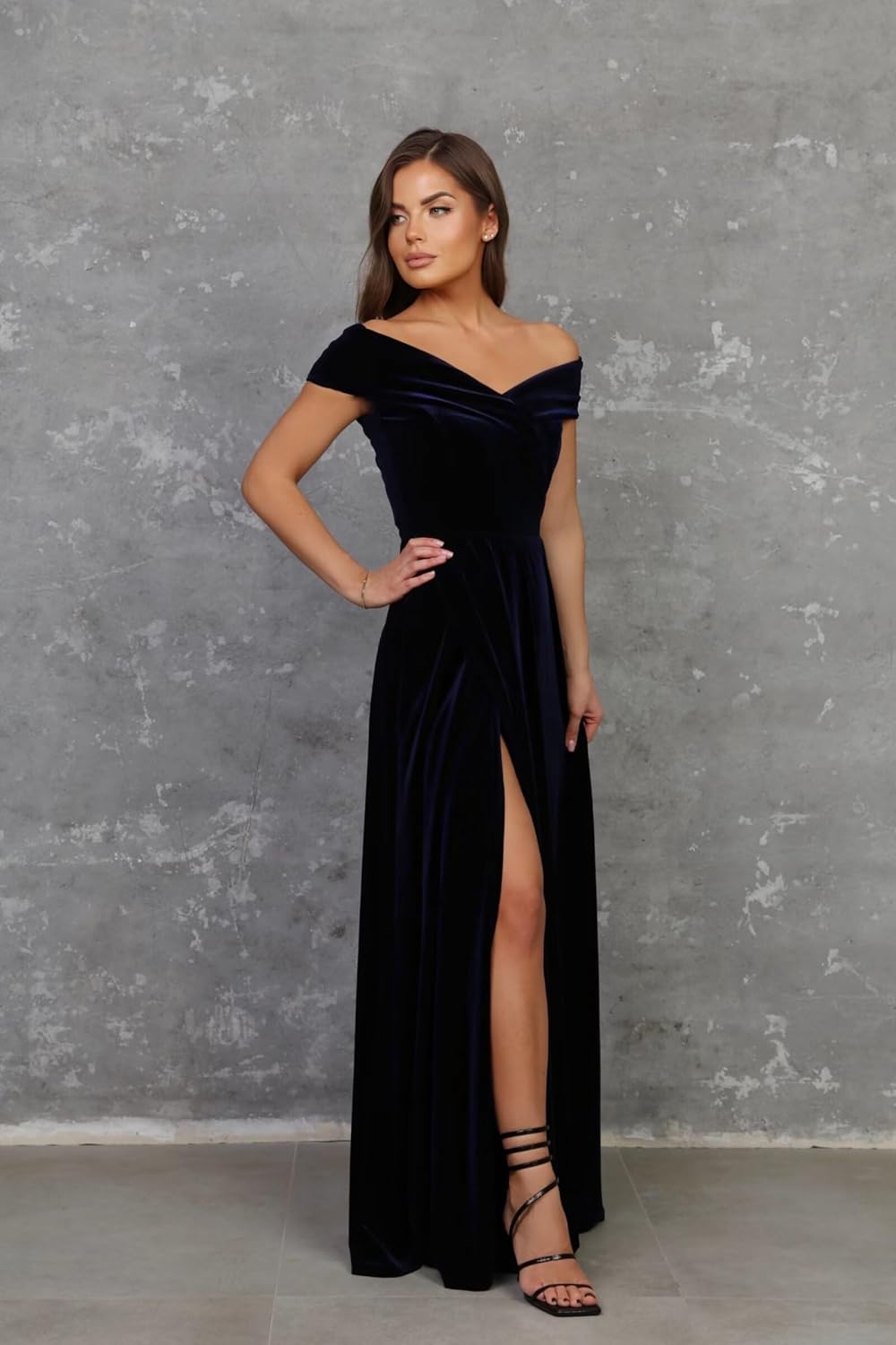 Basgute Velvet Long Bridesmaid Dresses for Wedding Off Shoulder Slit A Line Maxi Formal Evening Party Gown for Women