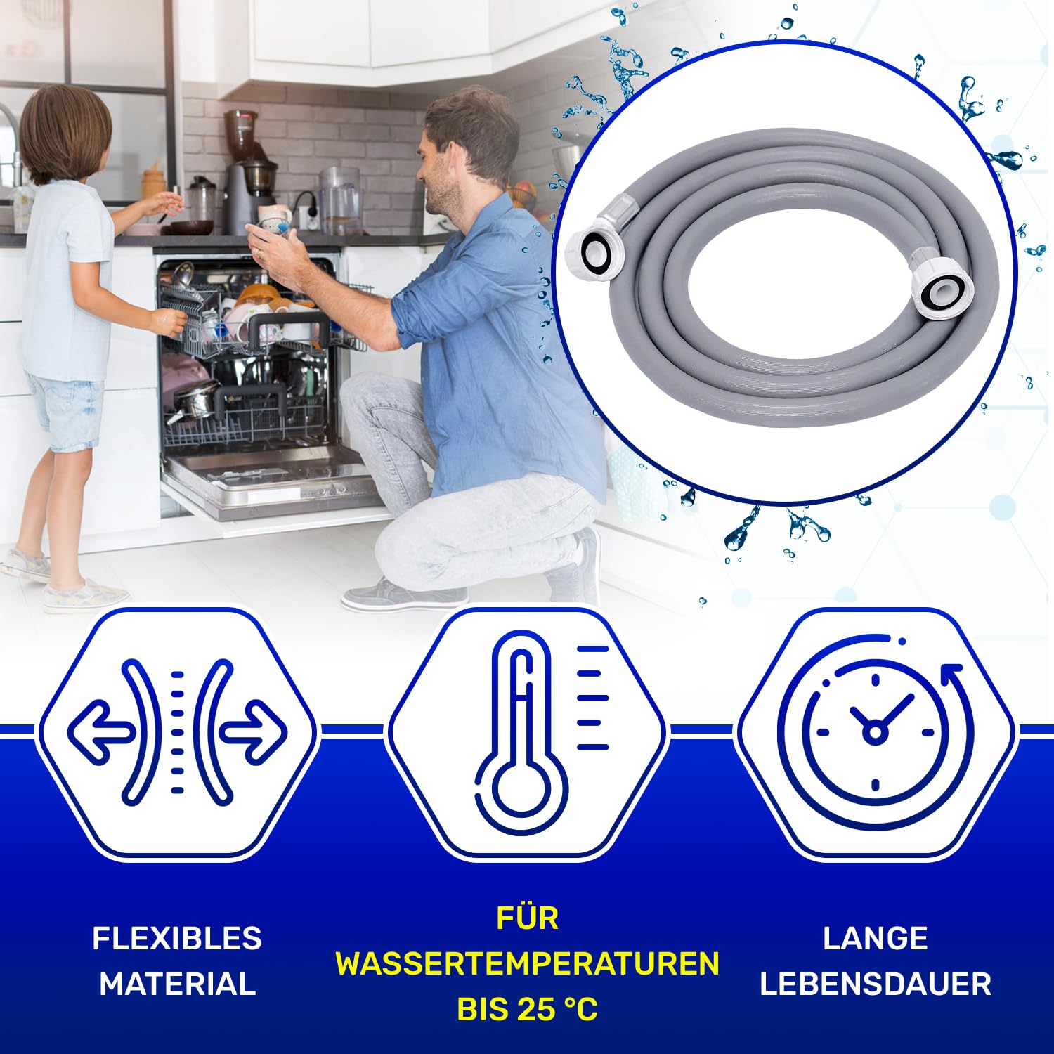 Zulaufschlauch Waschmaschine und Geschirrspüler 6 m Wasserschlauch für Temperaturen bis 25°C Druck von 20 bis 60 Bar Verbindung ist Gerade und Gewinkelt Ø 3/4 zoll - MADE IN ITALY - MONTERAL