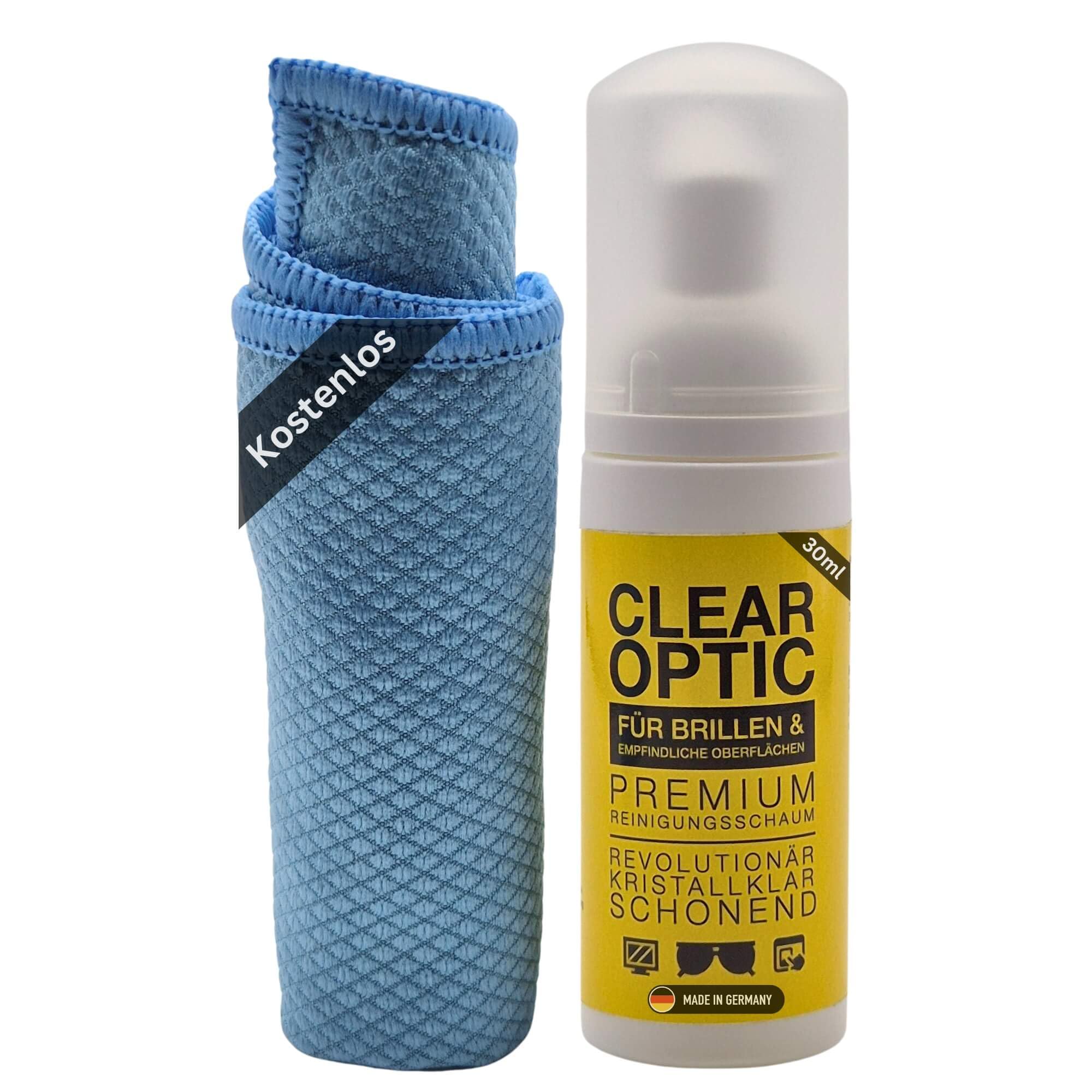 CLEAR OPTIC Piana do czyszczenia okularów 50ml i ściereczka z mikrofibry – spray do czyszczenia okularów przeciwko odciskom palców i zabrudzeniom - spray do czyszczenia okularów na szkło i plastikowe