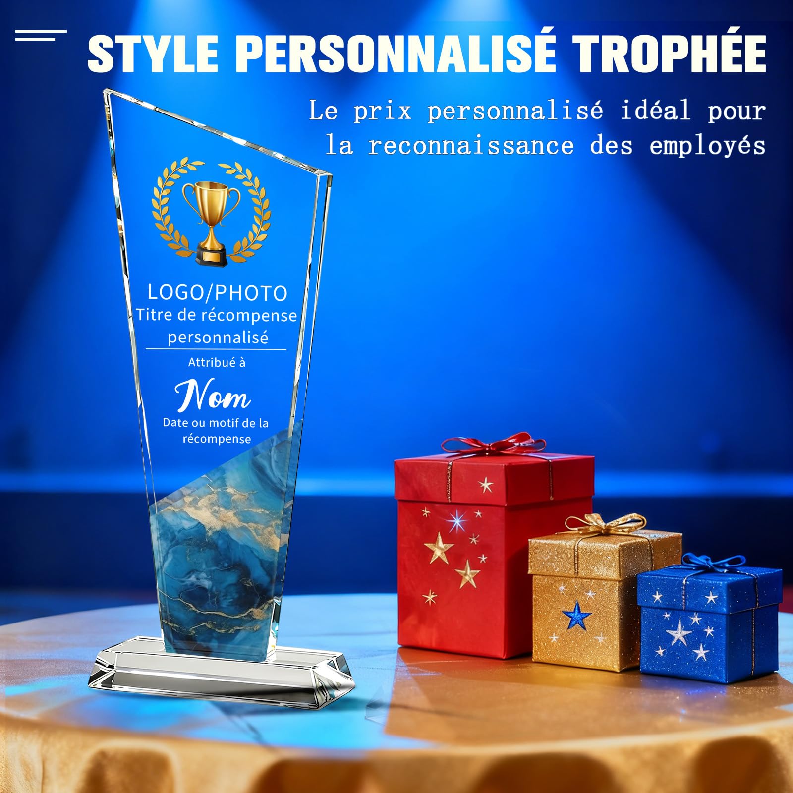WBW Trophée Personnalisé en Cristal K9 avec Logo Photo et Texte Plaque Gravée Personnalisée 10–20 cm, Récompense en Cristal pour Employé du Mois Anniversaire Retraite Football