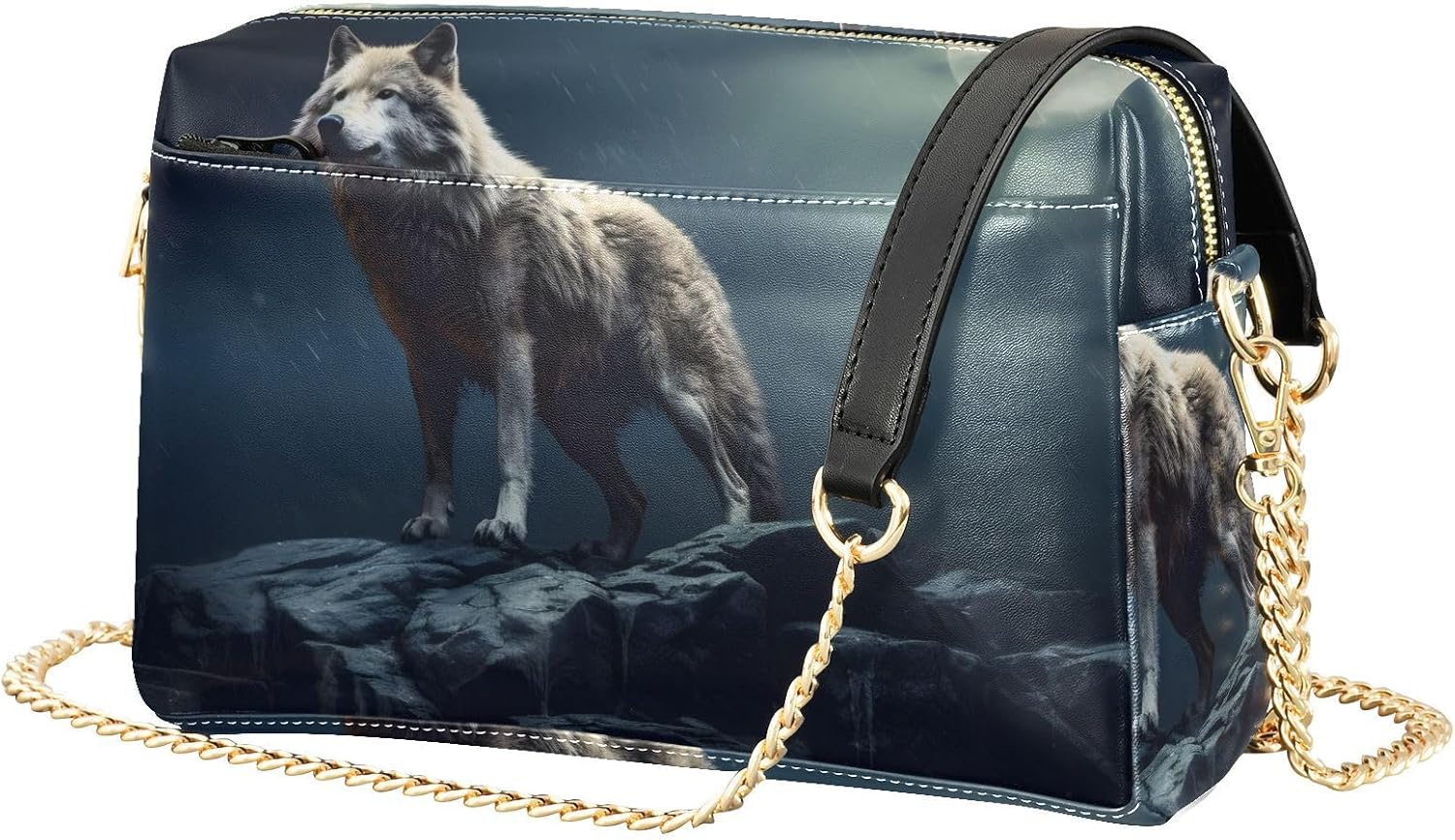 Moon Night Wolf Women's PU Leather Crossbody Bag Shoulder Handbag Cellphone Purse with Metal Chain Strap Water Resistant Zipper Closure