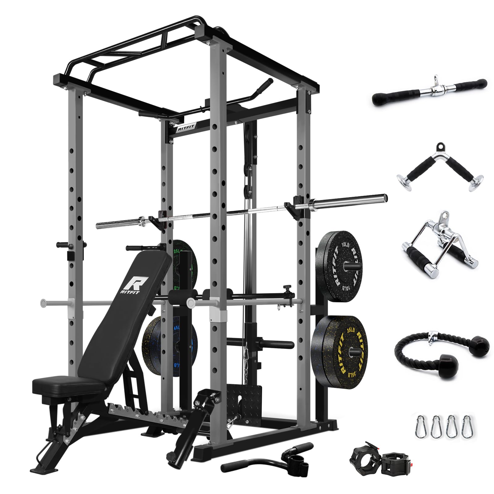 RitFitPower Cage with Optional LAT PullDown/Cable Crossover/Smith Machine System, 1000LB Squat Rack for Home & Garage Gym, with Weight Storage Rack and More Training Attachments, ASTM-Certified