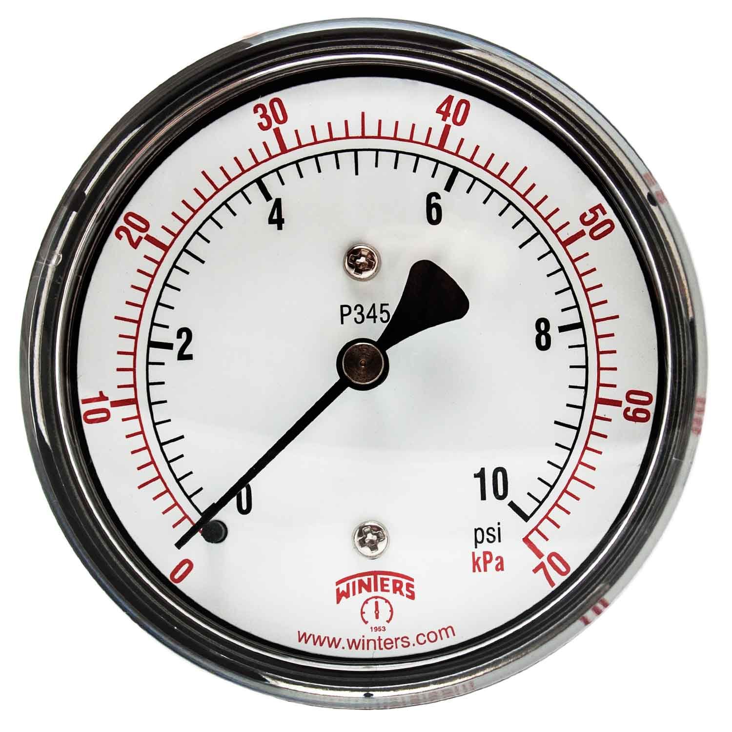 Winters PLP Series Steel Dual Scale Low Pressure Gauge with Brass Internals, 0-10 psi, 2-1/2