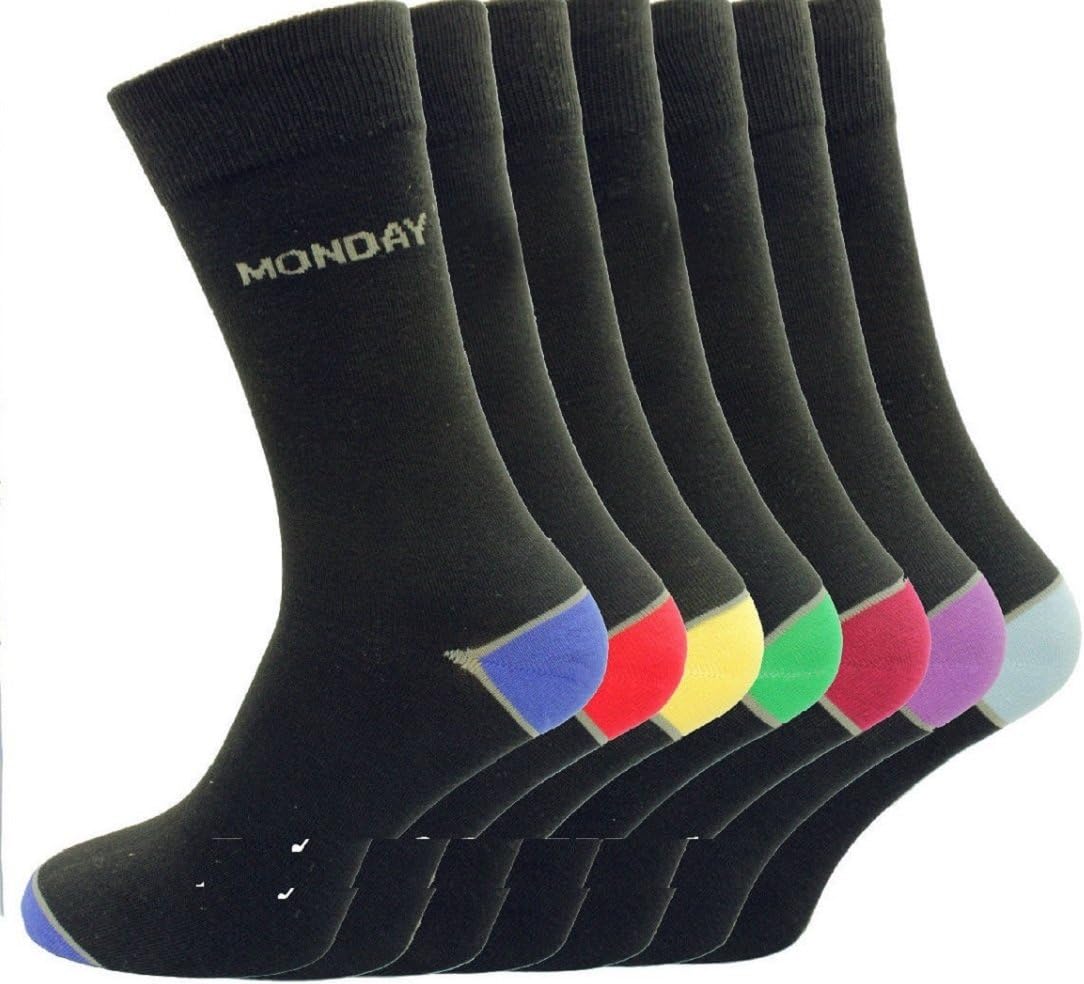 (FF11) 7 PK Days of the Week, Mood, Novelty Black Cotton Rich Suit Everyday Socks 6-11