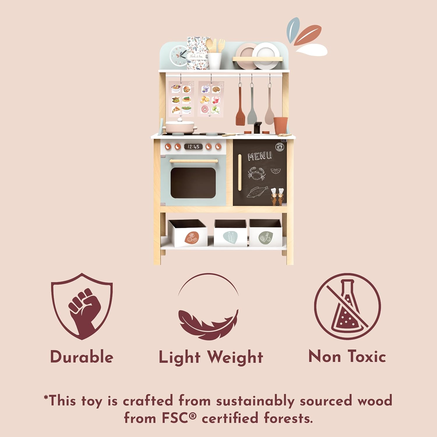 SPEEDY MONKEY Wooden Play Kitchen Set for Kids – 20-Piece Pretend Play Cooking Set, FSC® Certified Wooden Food & Cookware Accessories, Role Play Toy for Toddlers & Little Chefs