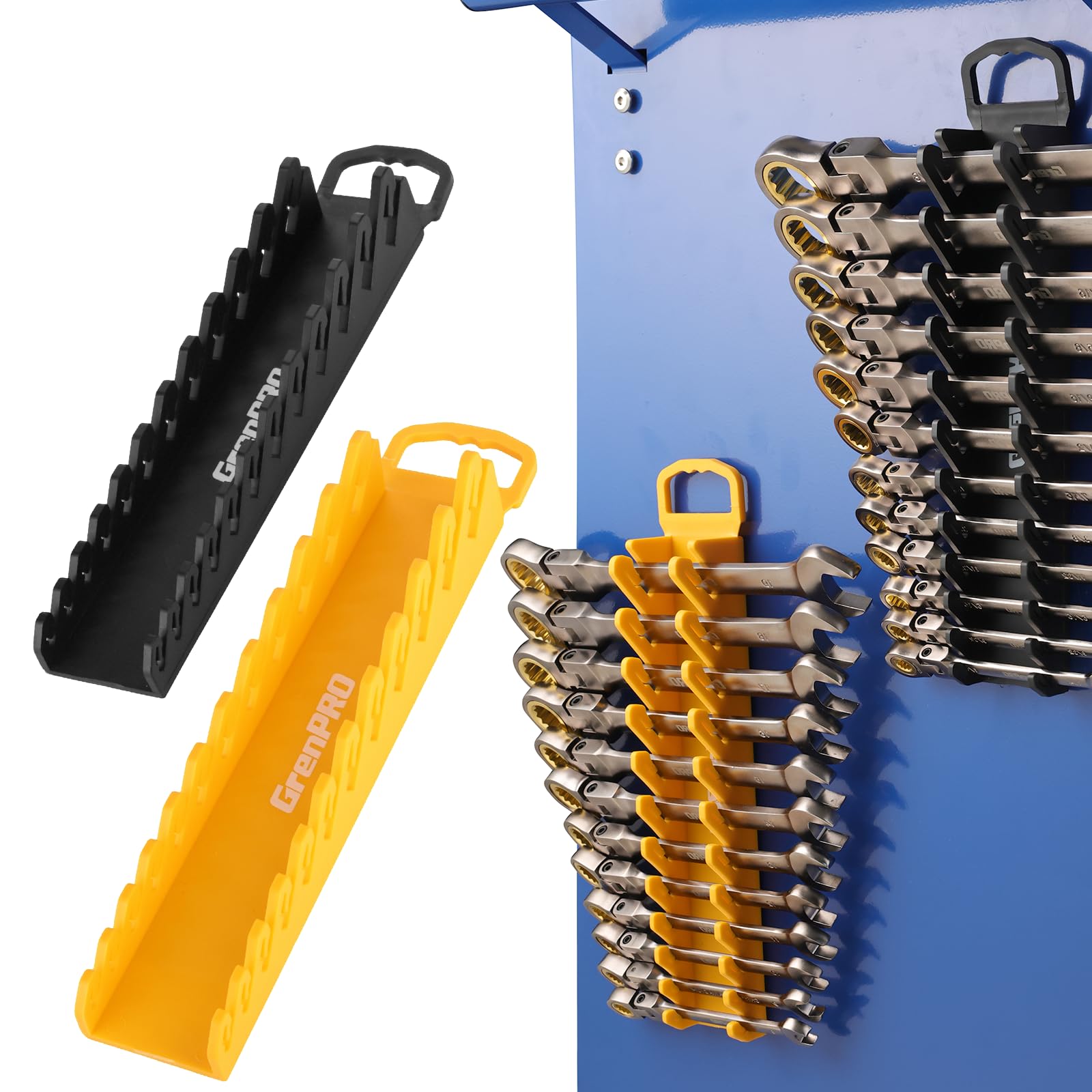 GRENPRO Wrench Organizer for Tool Box, 2 Pack Magnetic Wrench Holders Organizers, Storage for Tool Box Drawer, SAE 1/4" - 15/16" & Metric 6 MM-24 MM Wrenchs Rack