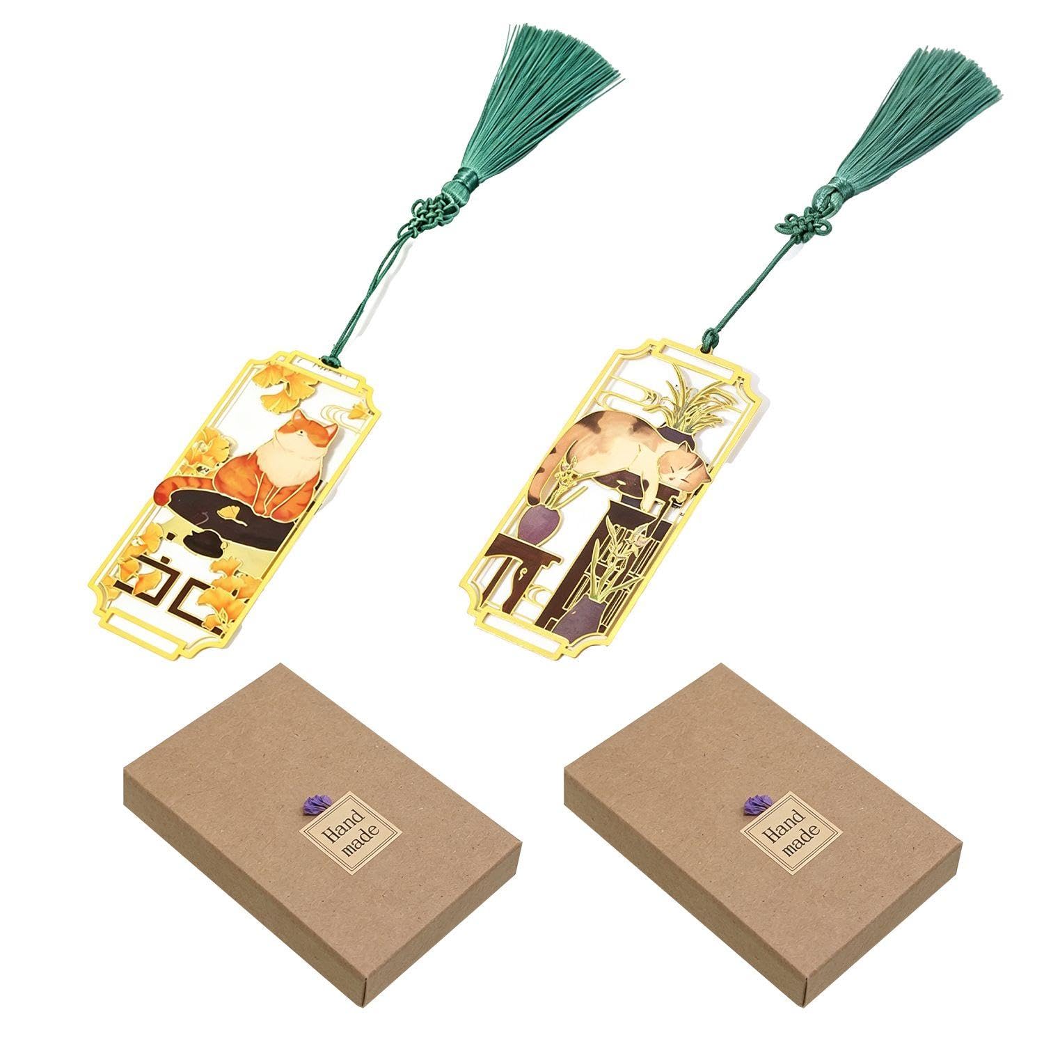 Xmnivate Golden 2 Metal Cat Hollow Bookmarks, 2 Gift Boxes, Classical Ethnic Style, Reading Mark Bookmarks With Tassels, Student Graduation Gifts.