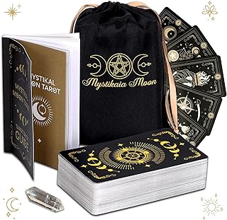 Moon Tarot Cards Set with Guide Book - 78 Original Tarot Cards Deck - Astrology Unique Deck with Healing Crystal - Hand Drawn True Black Tarot Cards - Modern Witch Tarot Deck with Pouch