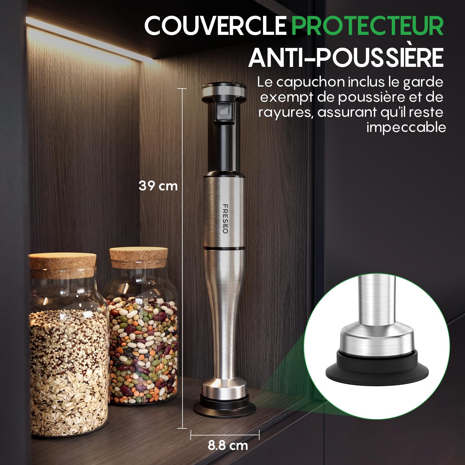 FRESKO Mixeur Plongeant 1000W avec Accessoires, Pied Mixeur Inox comprenant Fouet, Hachoir 500ml, Verre Doseur avec Couvercle & Capuchon Protecteur, Vitesses Réglables pour Smoothies, Soupes