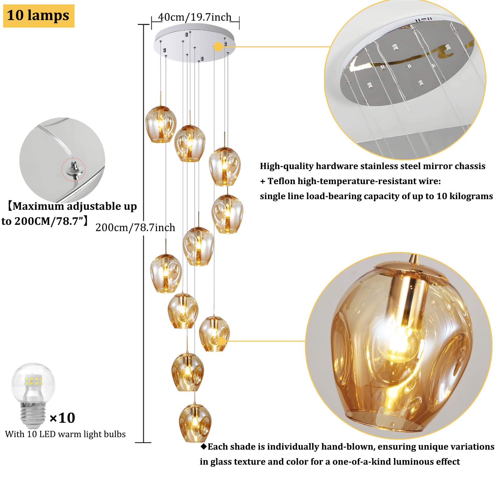Pendelleuchte 10 Flammig Treppenhaus Glaskugeln Lampe Lang Decke Hängelampe,Längenverstellbare Hängeleuchte Kugelleuchte,Kugel Glas Hängend Deckenleuchte für Galerie,Treppenspirale,Flur