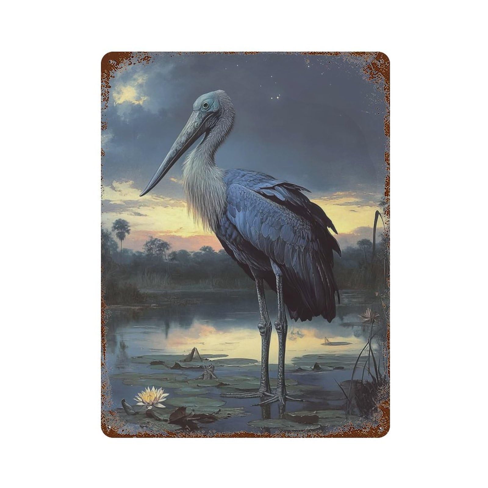 Shoebill Stork at Dusk Rustic Tin Plaque 15.7"x11.8", for Living Room, Hallway And Home Decor, Decorative Metal Wall Art