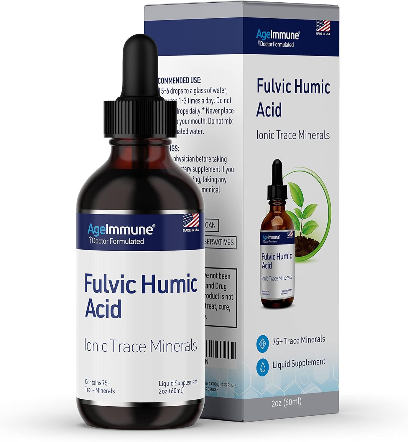 Fulvic Humic Acid Ionic Trace Minerals Liquid Supplement. Plant Derived Blend, Contains Over 75 Trace Minerals. 240 Servings. Concentration 250%.