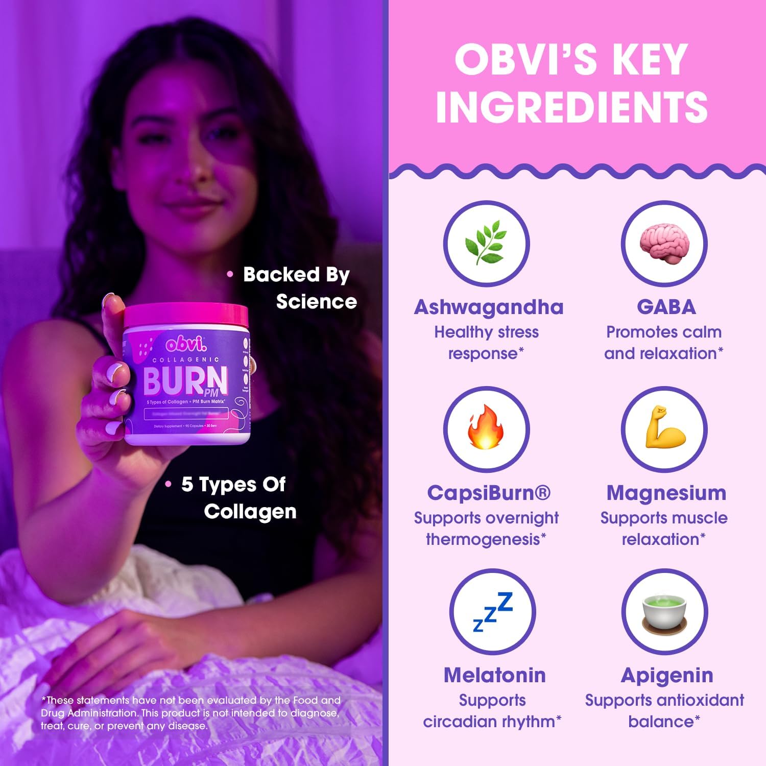Obvi Collagenic Burn Day & Night Bundle | Collagen, Green Tea, Ashwagandha, GABA & Melatonin | 24-Hour Collagen Support