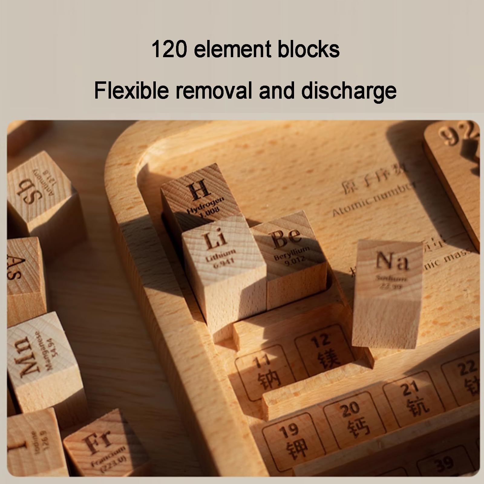 Tavola Periodica degli Elementi, Espositore a Blocchi con 120 Elementi, Cornice in Legno, con Supporto Regolabile, Regalo Didattico per Appassionati di Scienza E Insegnanti