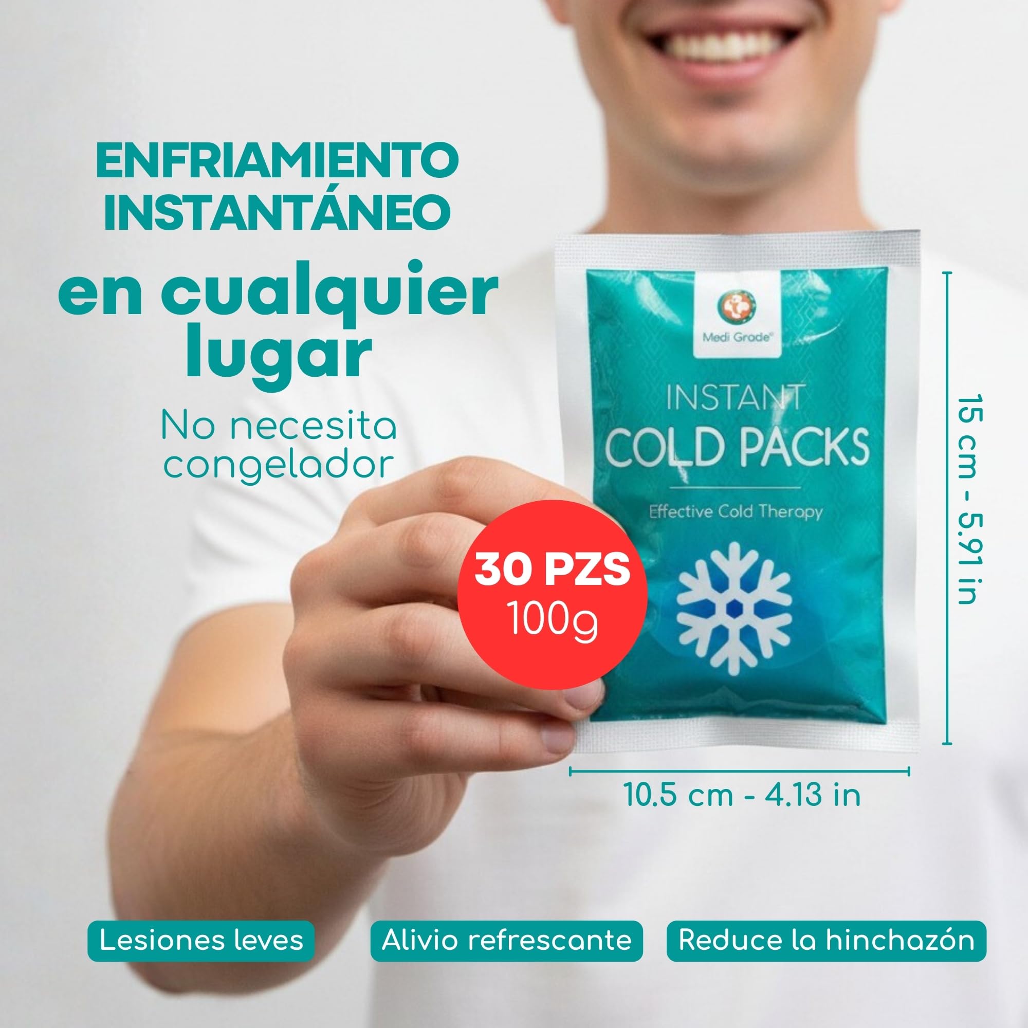 Medi Grade Bolsas de Frío Instantáneo 30 uds de 100 g – Bolsas de Gel Frío para Alivio Rápido, Sin Frigorífico con Banda de Sujeción –ideal para Lesiones en Tobillos y Rodillas –Medidas 11,43x15,24 cm