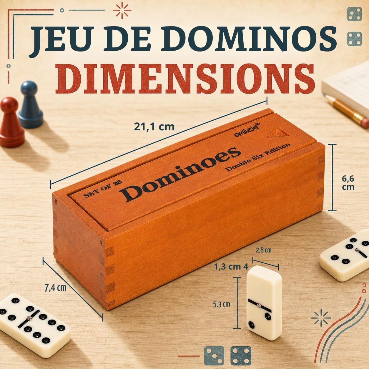Smilejoy Dominos pour adultes – Dominos de taille Jumbo Double Six Edition – Jeux de société classiques – Ensemble de dominos épais double 6 avec boîte en bois marron de luxe, 28 carreaux (2 à 4