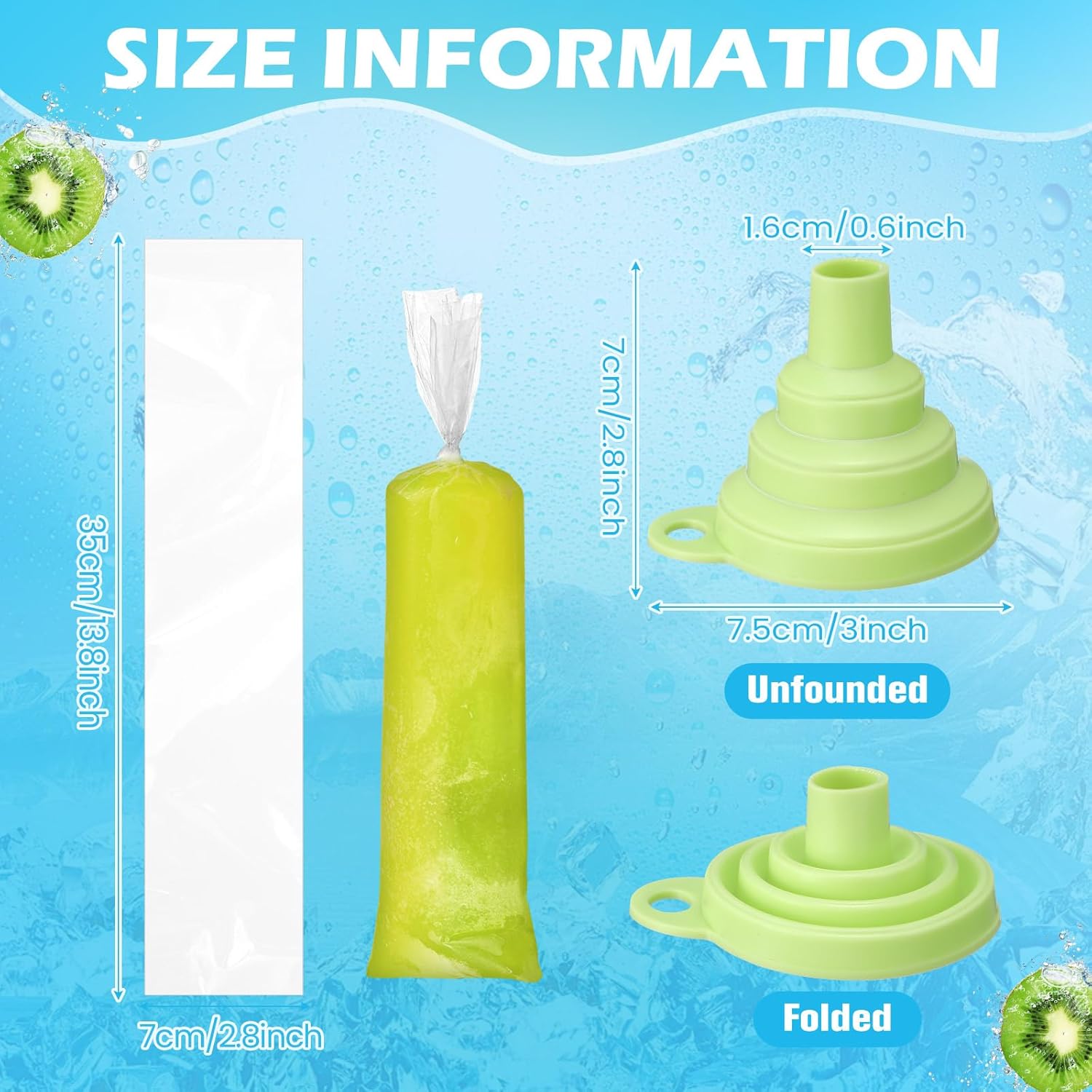 Hoolerry 600 Pcs Disposable Ice Lolly Bags Plastic Mold Ice Cream Bags with Silicone Foldable Funnel for Making Candy Yogurt Freeze Lolly (2.8 x 13.8 Inch)