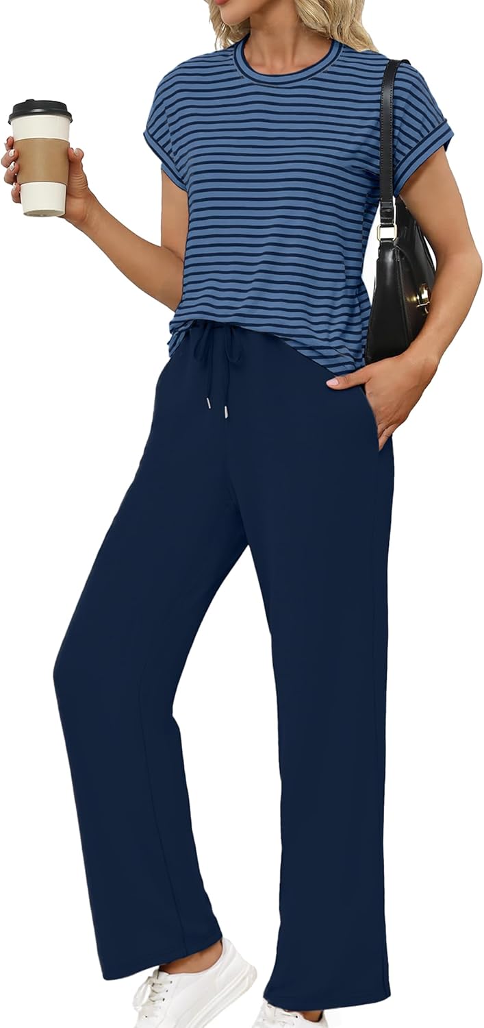 Glamaker Women's 2 Piece Sets Striped Summer Outfits Short Sleeve Shirts Wide Leg Pants Casual Lounge Sweatsuits