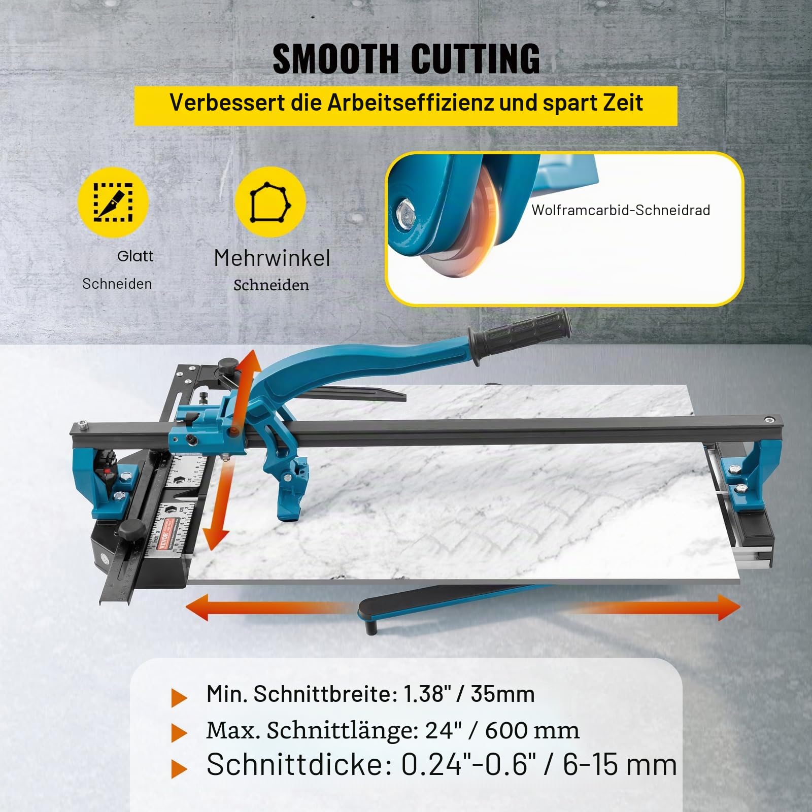 VEVOR Manuelle Fliesenschneidmaschine 35-600 mm, Fliesenschneider Schnittdicke 6-15 mm, Laser-Positionierung, Einspurig 6 kg