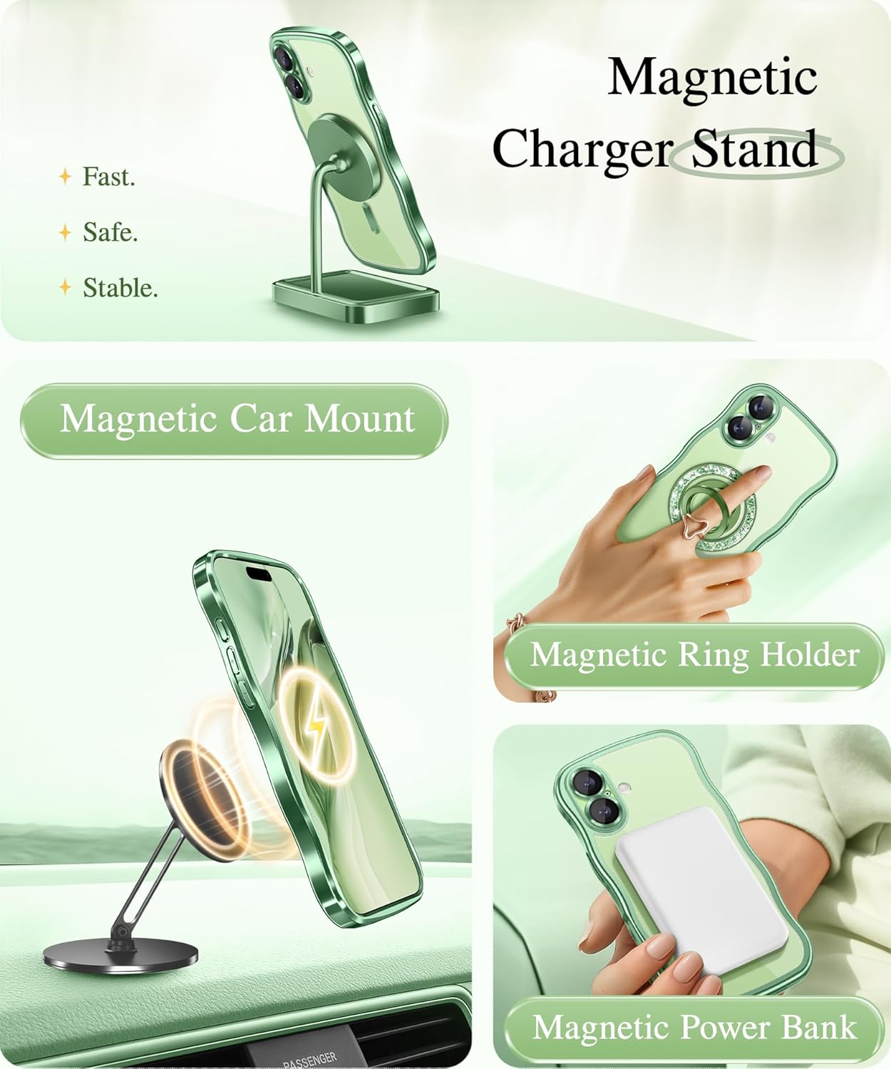 GVIEWIN for iPhone 17 Case Compatible with MagSafe, Upgraded [Full Camera Protection][Cute Wave Frame][Military Grade Protection] Electroplated Hard Phone Cover for Women Girl, Clear/Green