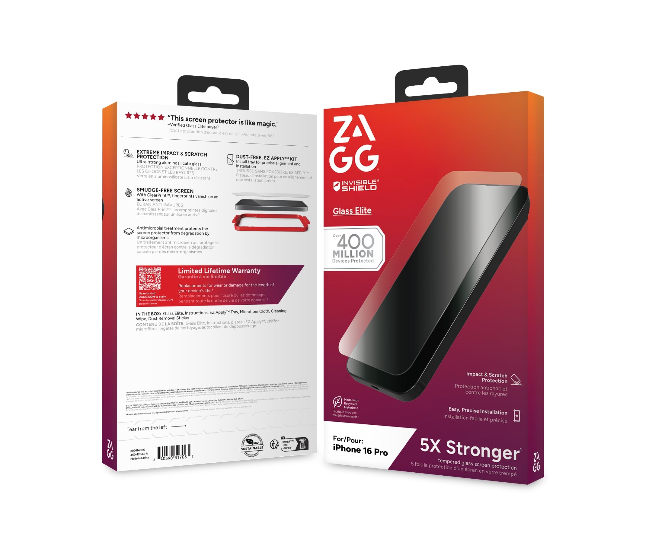 ZAGG InvisibleShield Glass Elite Vetro Temperato per iPhone 16 Pro [6,3 pollici], Compatibile con Custodie, Resistente a Impronte e Graffi, Antiurto, Facile Applicazione (Trasparente)