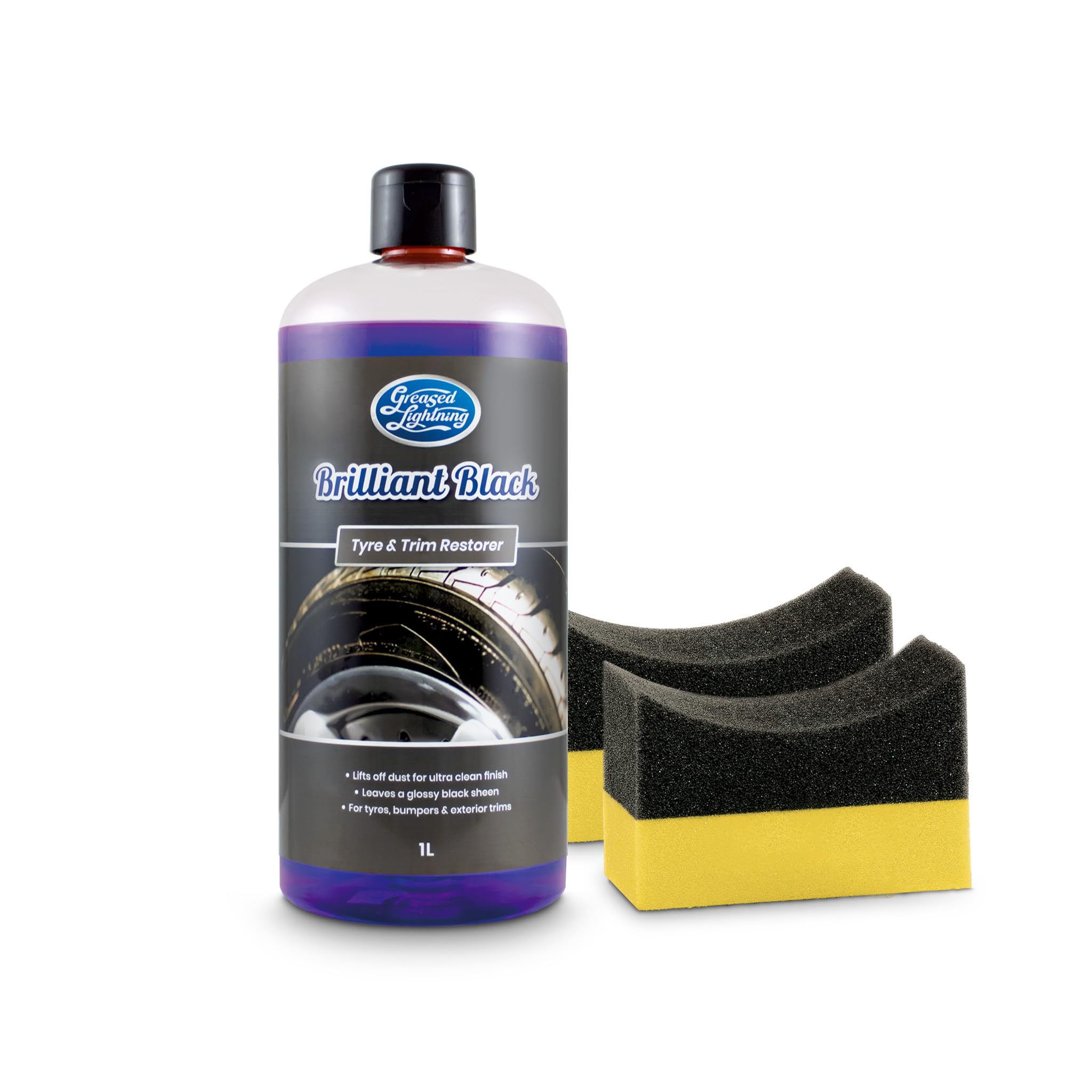 Greased Lightning Black Brilliant Tyre & Trim Restorer - Restores New Look Shine To Car Tyres And External Trims, Quick And Easy Application - 1 Litre Plus 2 Tyre Sponges