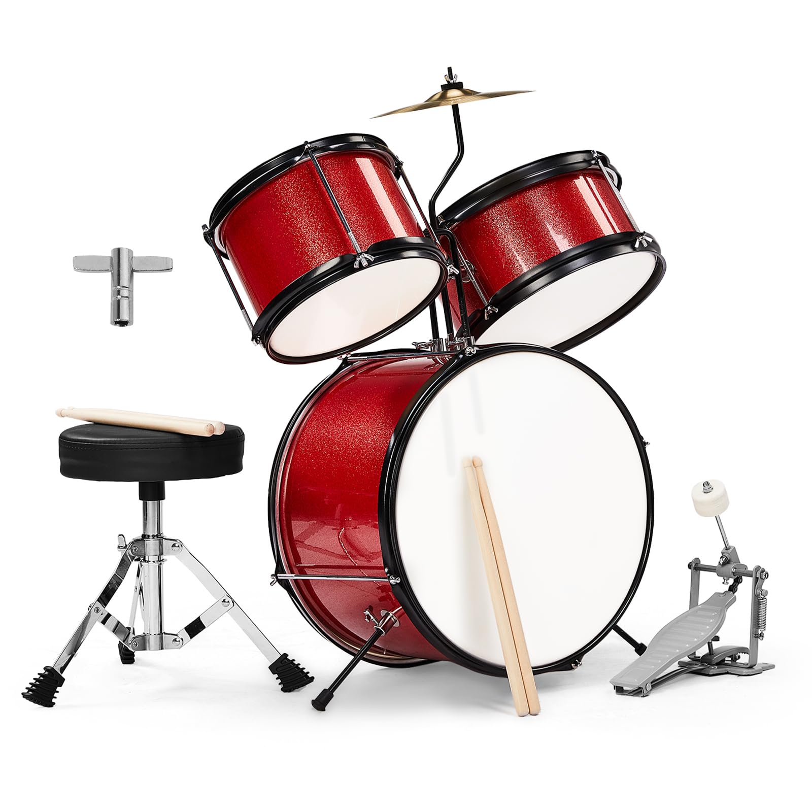 LEADZM Set di percussioni per bambini dai 3 anni in su, con sgabello, pedale per grancassa e 2 bacchette, bacino, Tom e rullante (rosso)
