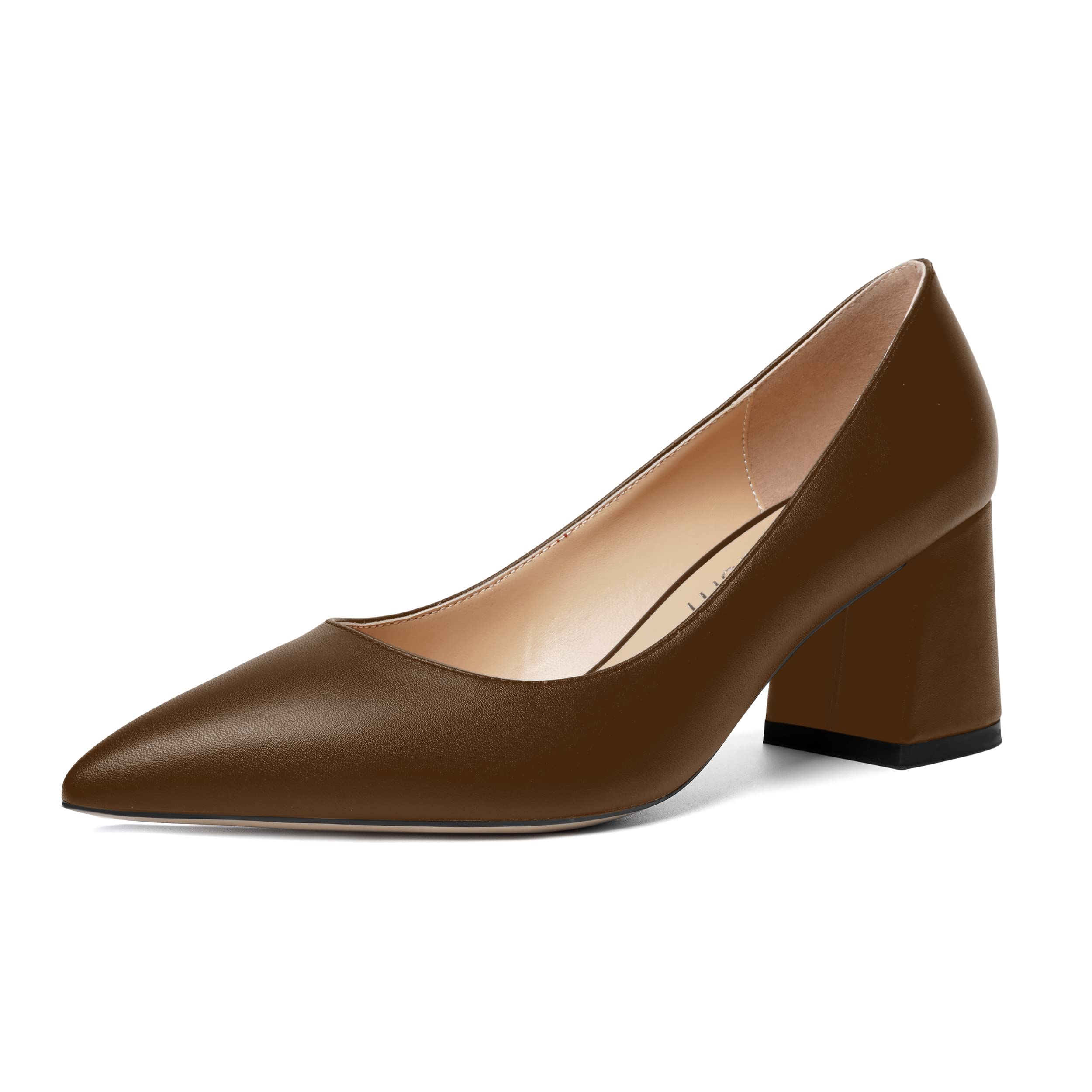 AMBELIGHT Womens Office Matte Pointed Toe Slip On Solid Chunky Mid Heel Pumps Shoes 2.5 Inch