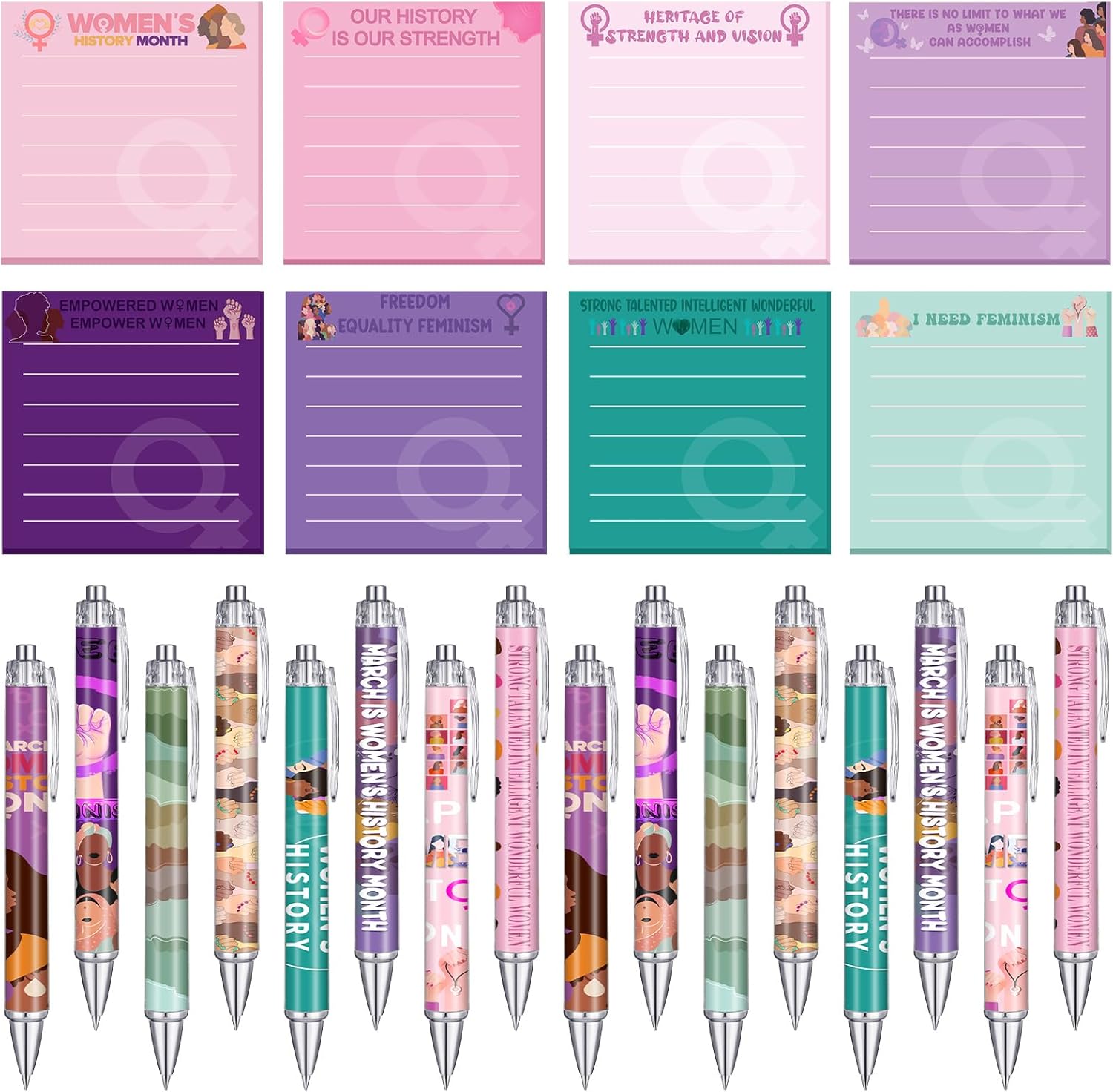 24 Sets Women's History Month Gifts Bulk Include Funny Ballpoint Pens and Sticky Notes Freedom Equality Feminism Gift for International Womens Day Female Awareness Stationery Supplies