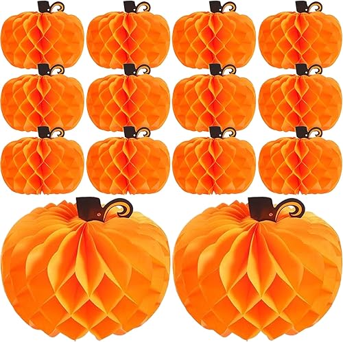 JOVITEC Paquete de 14 calabazas de panal de abeja para decoración de mesa de Acción de Gracias, de 10.2 pulgadas, decoración de calabaza colgante de