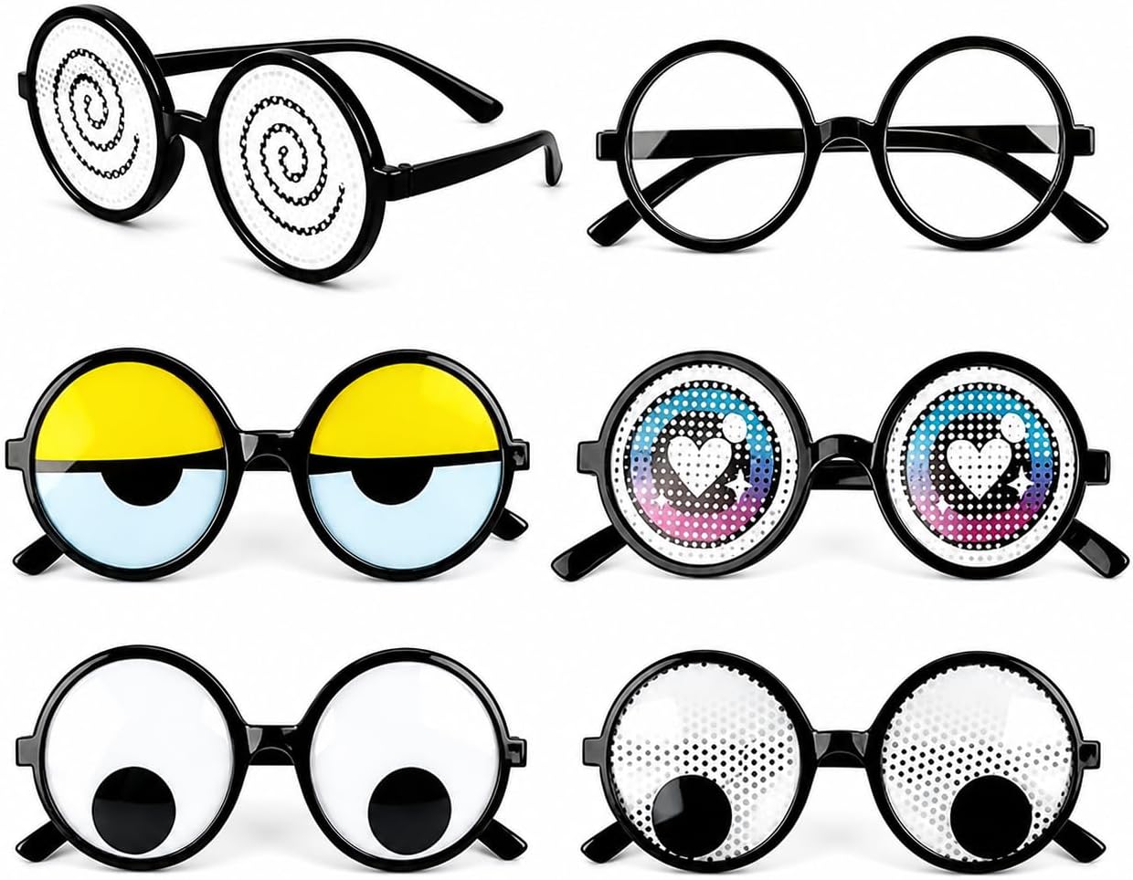 6 Pack Funny Googly Eyes Glasses Novelty Party Costume Props Gift | Lightweight Plastic Round Frame Glasses, 6 Unique Design, Perfect for Photo Booth Cosplay Party Christmas Carnival Prank Gift