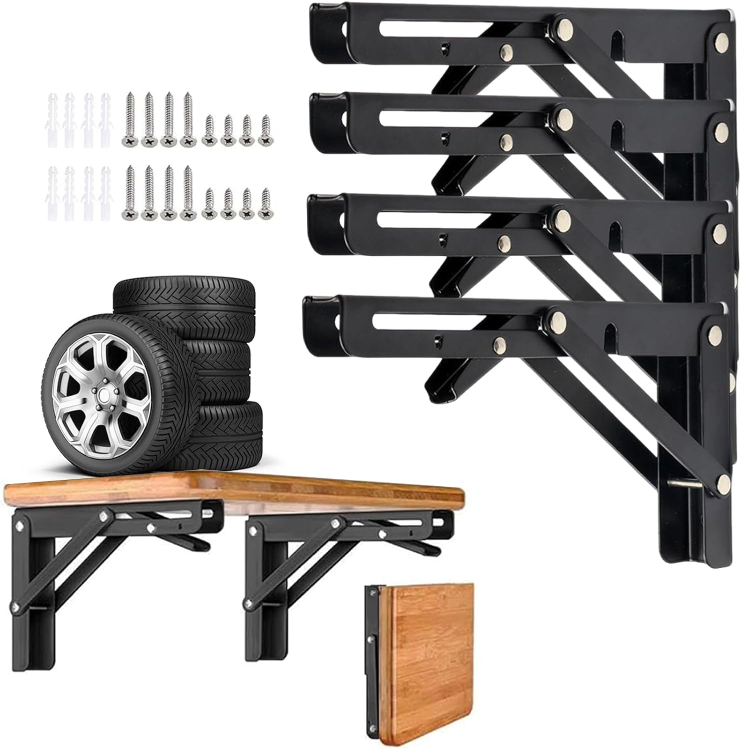 Folding Shelf Brackets, 4 Pcs Heavy Duty Collapsible Shelf Bracket, DIY Wall Mounted Folding Table Hinge, Space Saving for Bench Table with Screws (Black, 16 in (4Pcs))