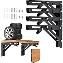 Folding Shelf Brackets, 4 Pcs Heavy Duty Collapsible Shelf Bracket, DIY Wall Mounted Folding Table Hinge, Space Saving for Bench Table with Screws Black, 16 in 4Pcs
