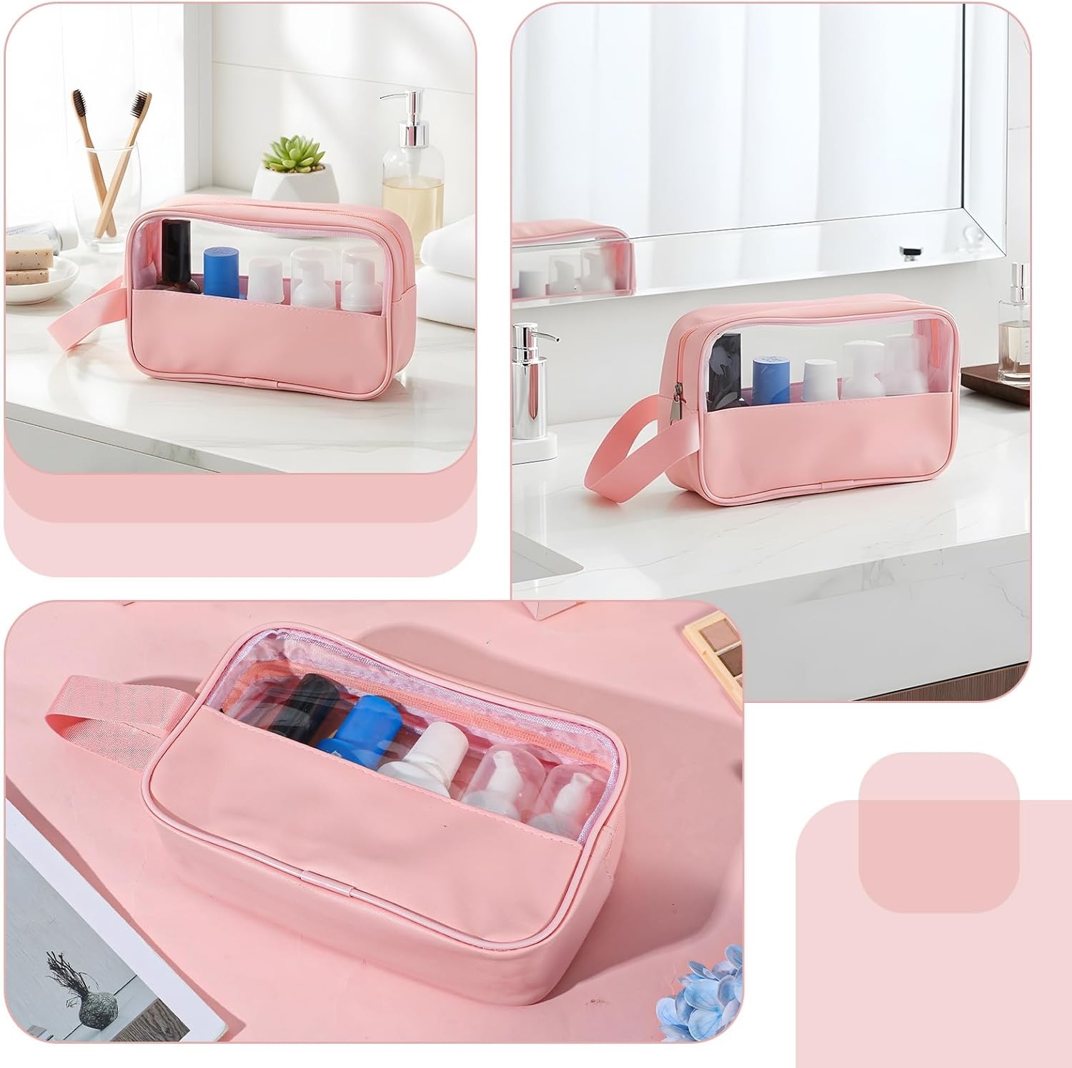 MAQUITA 12 Pcs Clear Cosmetic Bags Translucent Small Travel Makeup Pouch Waterproof Portable Cosmetic Bag Toiletry Bag for Travel Make up Toiletries Organizer (Pink)