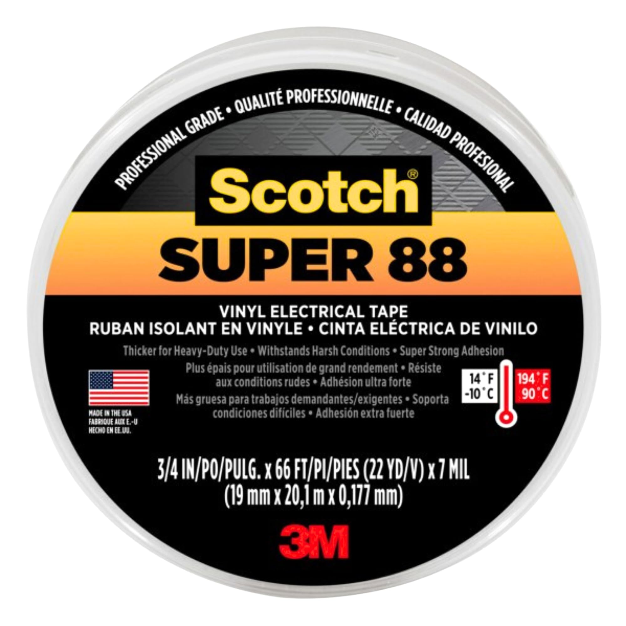 3 M Scotch Cinta Aislante De Vinilo de Super 88, -18 a 105 Grados C, 10000 MV Rigidez dieléctrica, 66 "Longitud x 3/4" de ancho, (10 unidades), color negro